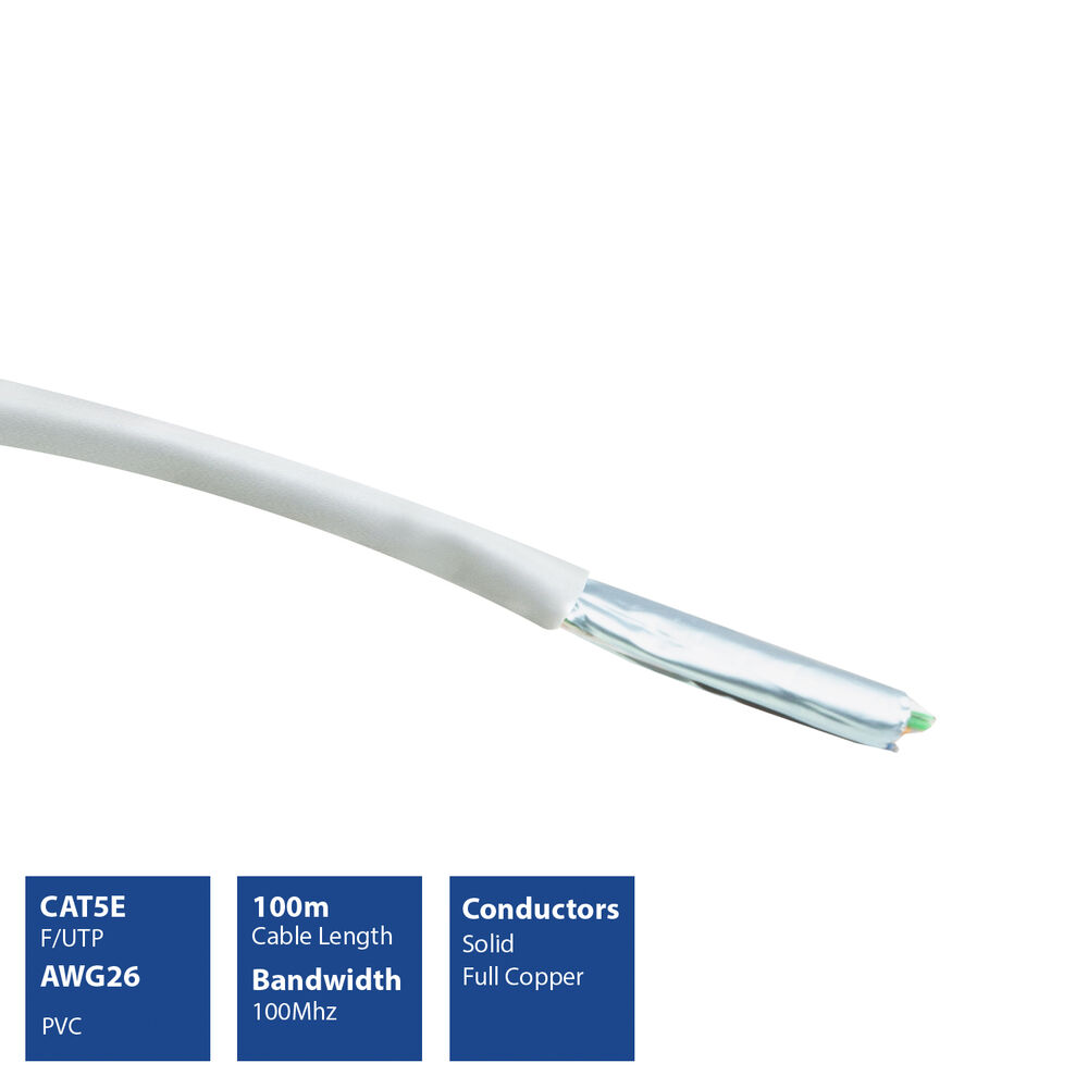 Un cavo CAT5E bianco con conduttori in rame esposti. Blocchi informativi dettagliano specifiche, tra cui lunghezza, larghezza di banda e materiale.