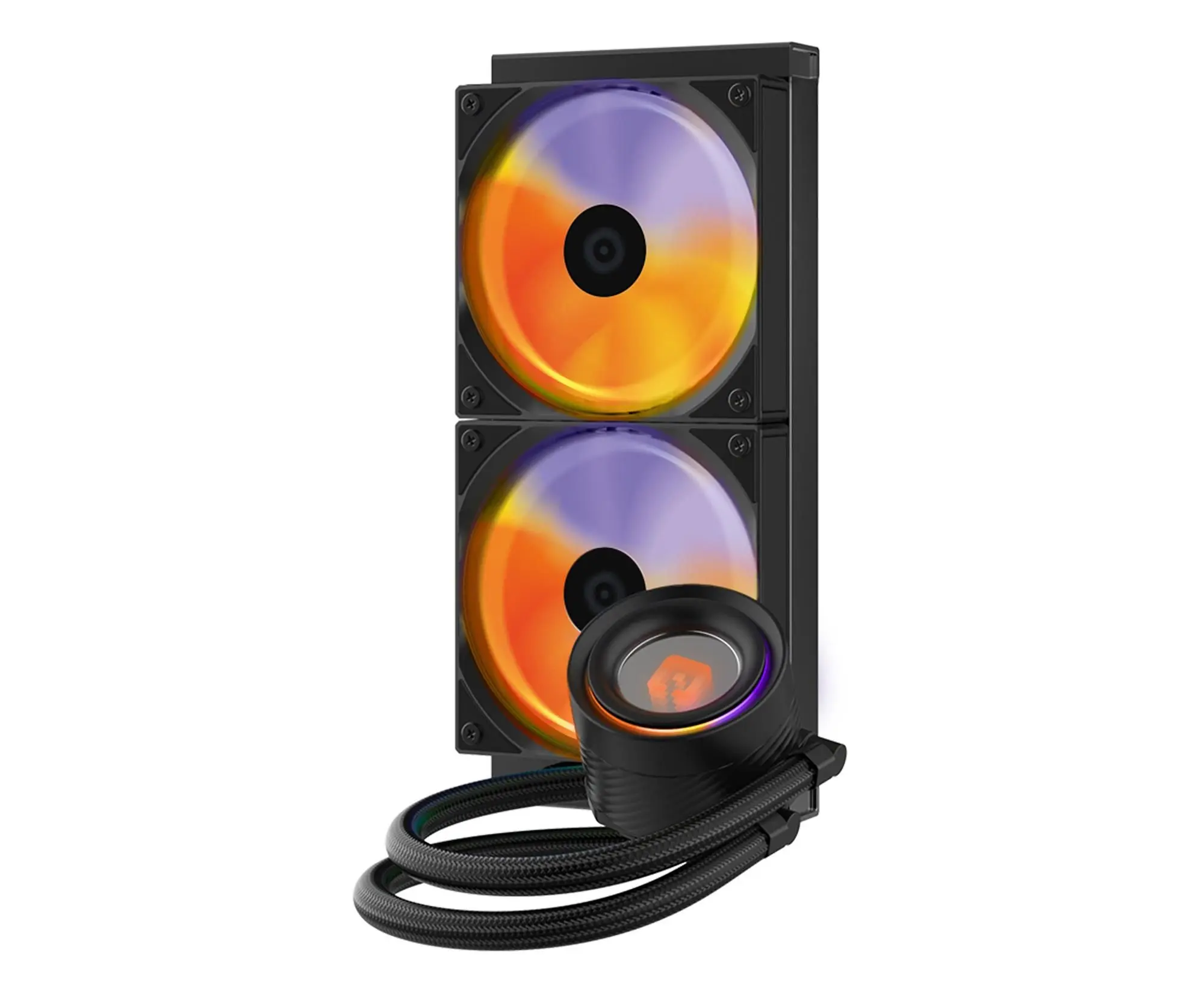 Schwarzer Computer-Flüssigkeitskühler mit zwei Lüftern, orangefarbenem und violettem Licht. Ein Wasserblock und Schläuche sind sichtbar.