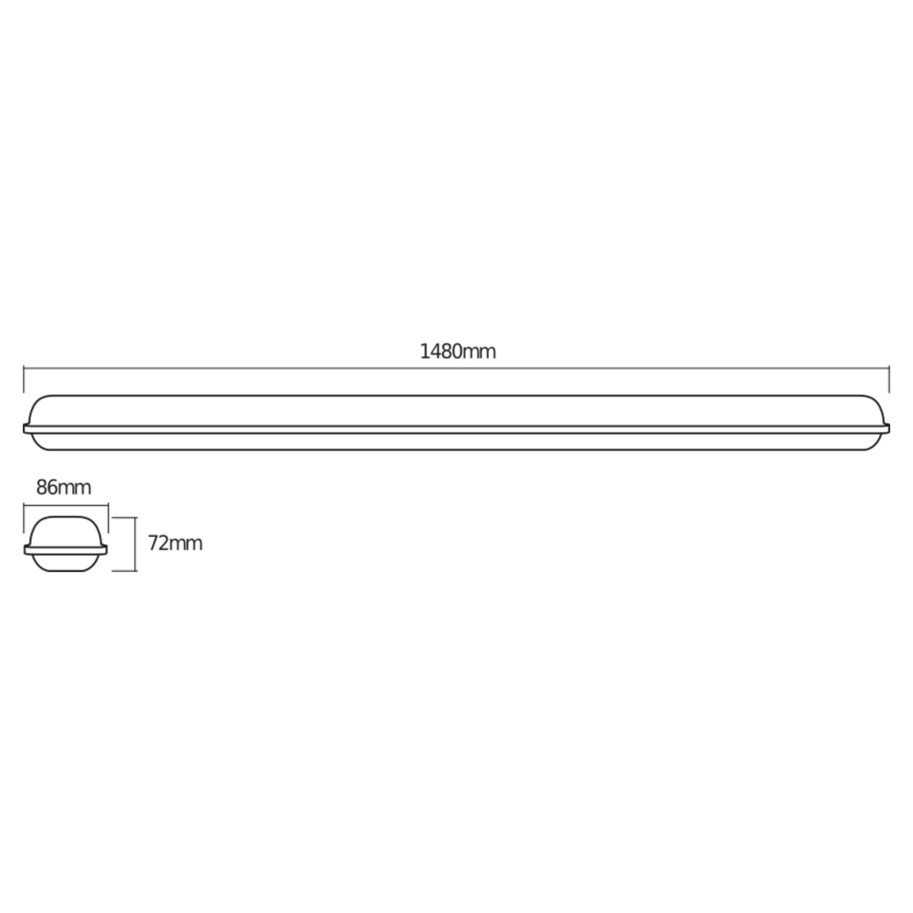 Eine weiße, rechteckige Leuchte mit Maßangaben. Sie ist 1480 mm lang, 86 mm breit und 72 mm hoch.
