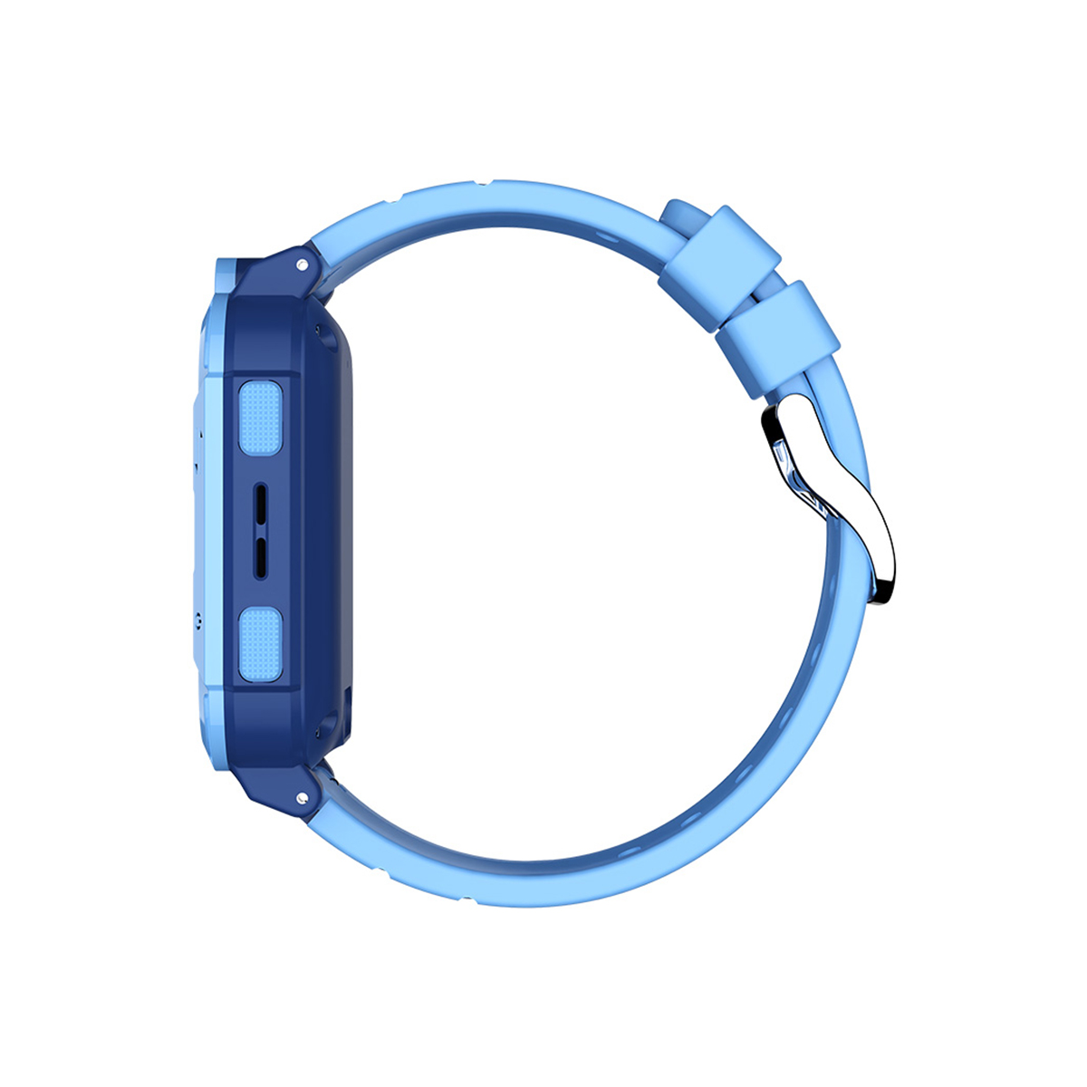 Seitenansicht einer Smartwatch. Sie hat ein blaues Armband, ein dunkelblaues Zifferblatt und zwei blaue Knöpfe.