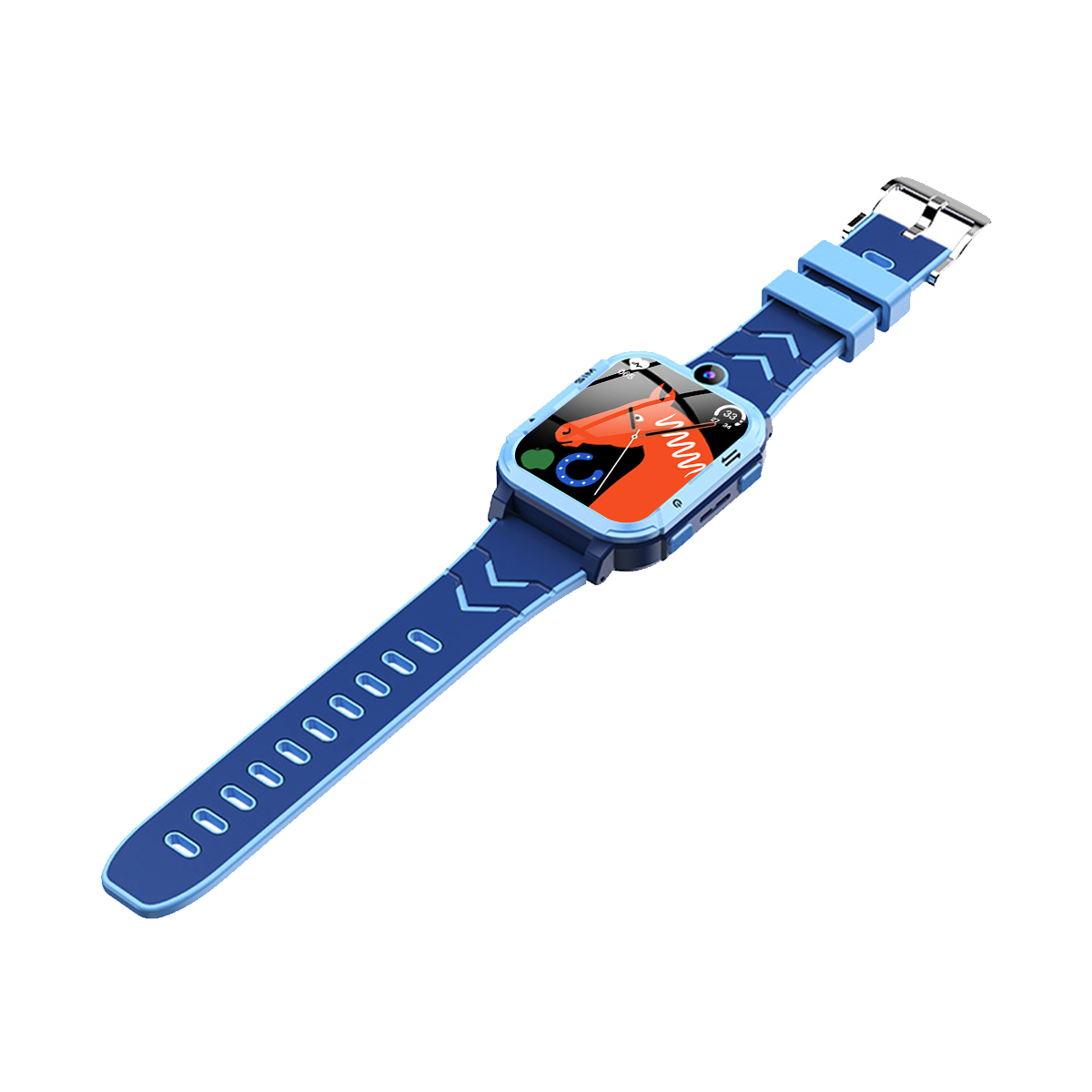 Eine blaue Smartwatch mit einem Pferd-Grafik auf dem Bildschirm, einem blauen Armband und einer silbernen Schnalle. Die Uhr ist abgewinkelt.
