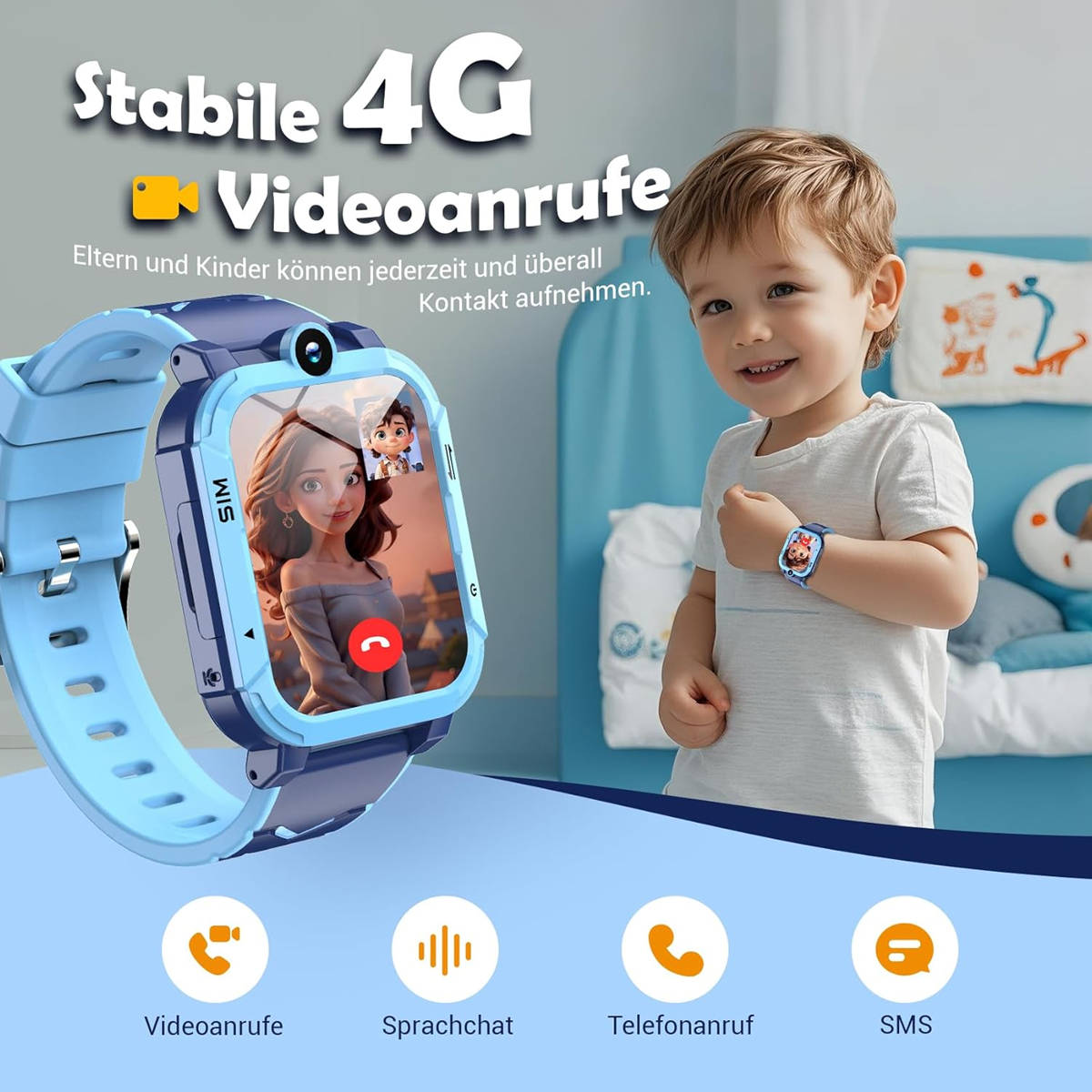 Ein Kind mit einer Smartwatch lächelt. Die Uhr zeigt einen Videoanruf. Symbole für Videoanrufe, Voice-Chat, Telefonanrufe und SMS sind vorhanden.