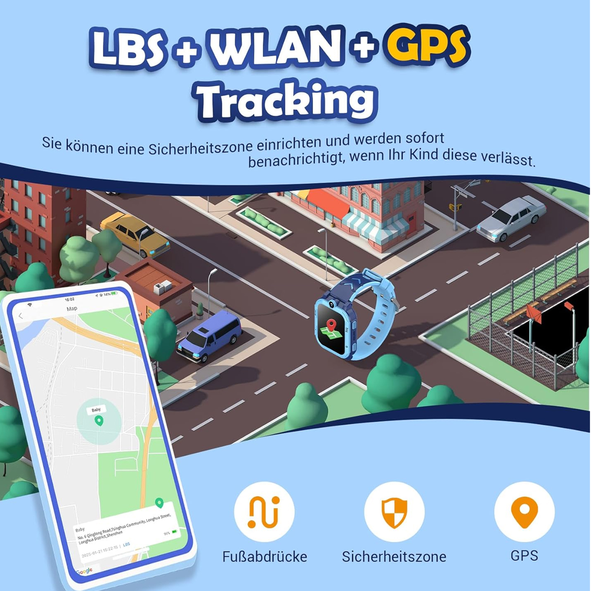 Eine Smartwatch mit Karte zeigt den Standort eines Kindes. Das Bild zeigt auch eine Stadt mit Autos und Gebäuden.