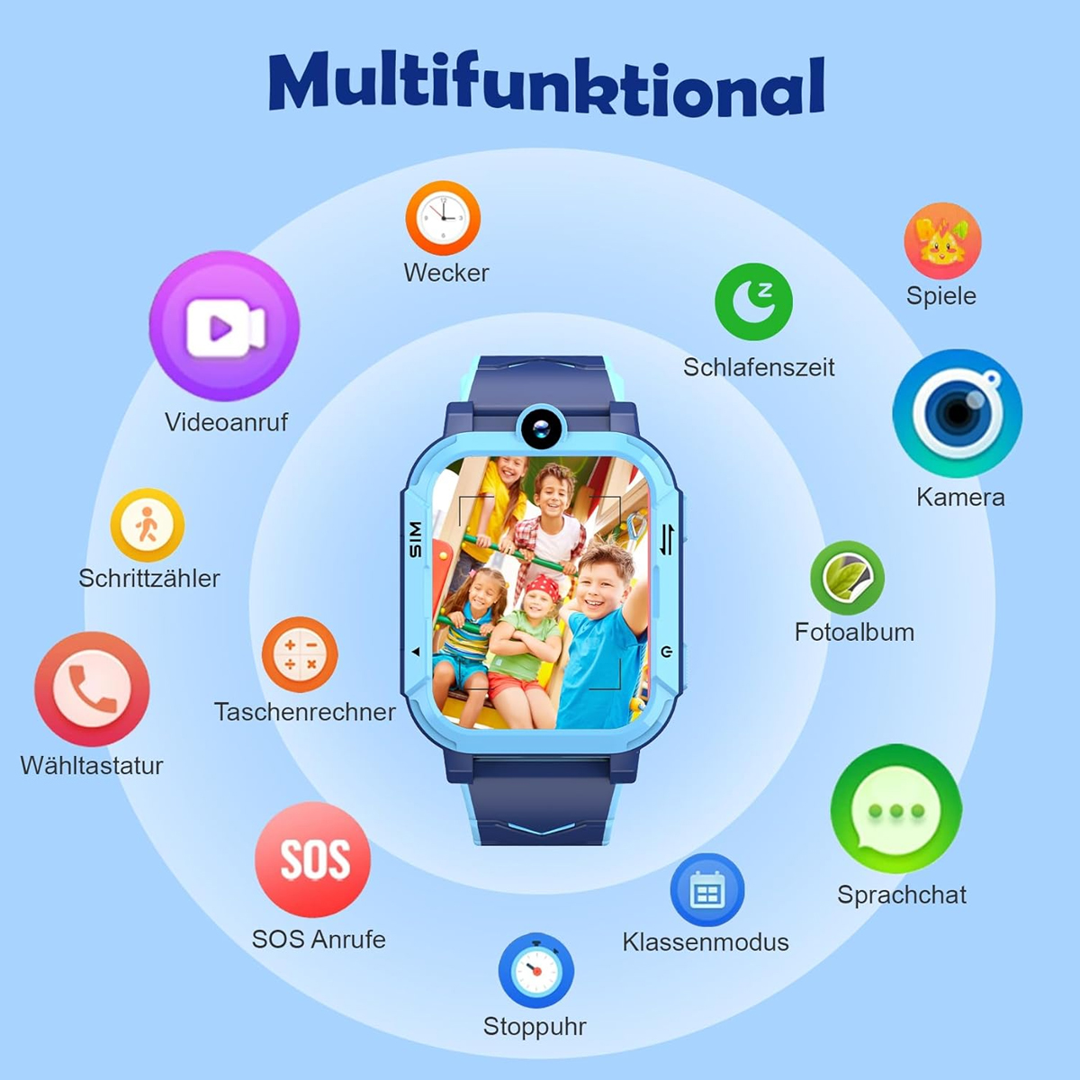 Eine Smartwatch mit Symbolen für Videoanruf, Schrittzähler, Taschenrechner, SOS, Stoppuhr, Schlafzeit, Kamera, Fotoalbum, Sprachchat und Klassenmodus.