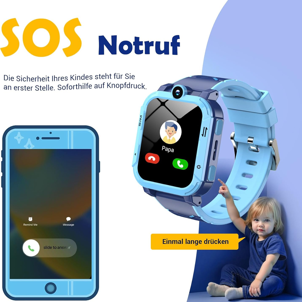 Eine Kinder-Smartwatch mit einem Anruf von 'Papa' und ein Smartphone werden gezeigt. Der Text lautet 'SOS' und 'Notruf', mit einem Kind, das zeigt.