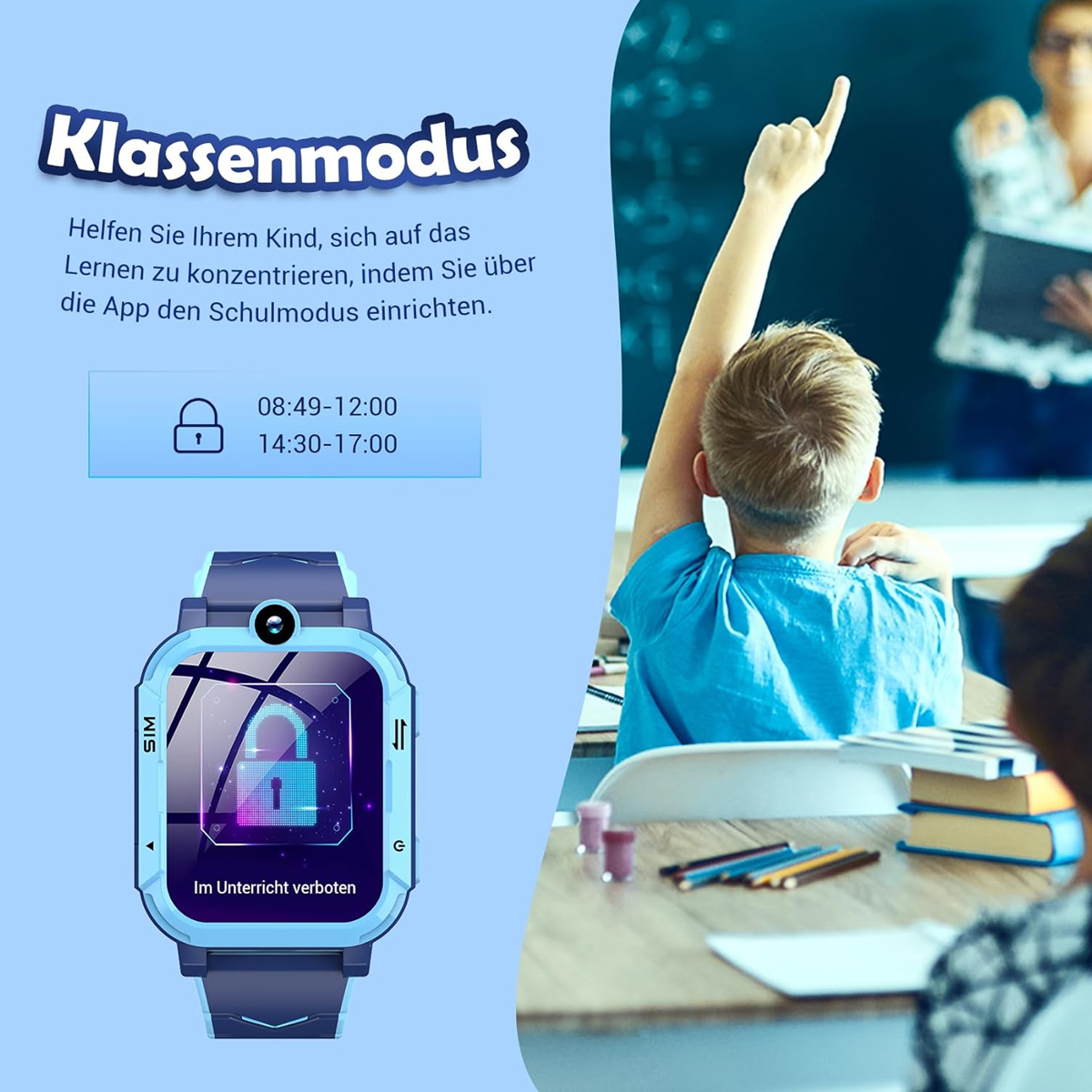 Ein Junge hebt in der Klasse die Hand. Eine Smartwatch mit gesperrtem Bildschirm ist im Vordergrund. Text überlagert auf Deutsch.