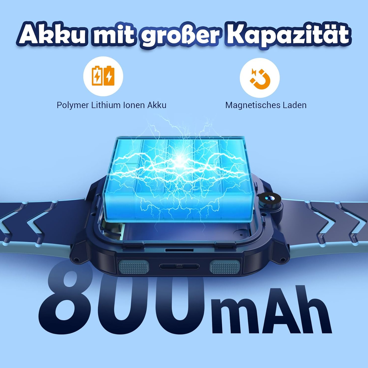 Eine Smartwatch mit blauem Bildschirm, der Elektrizität zeigt. Der Text lautet 'Akku mit großer Kapazität' und '800mAh'.