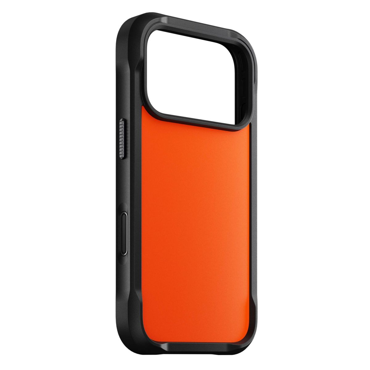 Una custodia per telefono arancione e nera. La custodia ha una cornice nera con un pannello posteriore arancione e un'ampia apertura per la fotocamera.