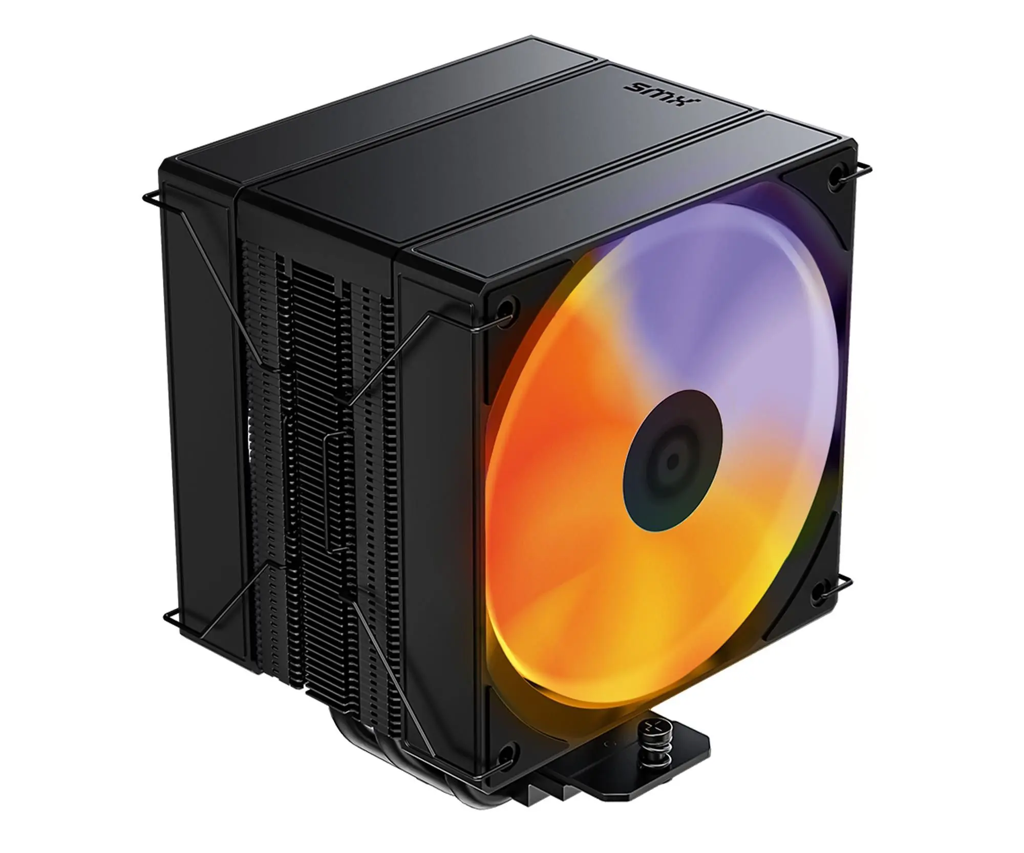 Schwarzer CPU-Kühler mit buntem Lüfter. Der Lüfter hat orange, gelbe und lila Farben. Der Kühler hat Lamellen und die Marke ist sichtbar.