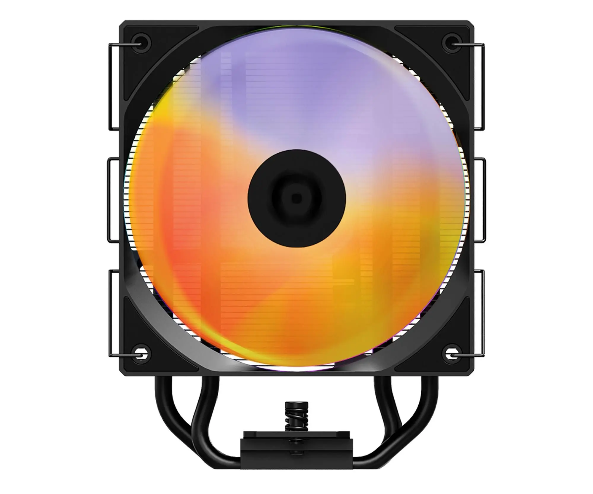 CPU-Kühler auf weißem Hintergrund. Er hat einen Lüfter mit orangefarbenen und lila Farben und schwarzen Halterungen.