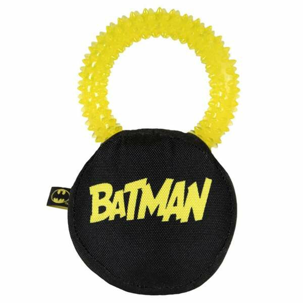 Ein Batman-Hundespielzeug. Es hat eine schwarze Stoffbasis mit gelbem 'Batman'-Text, einen gelben Ring und das Batman-Logo.