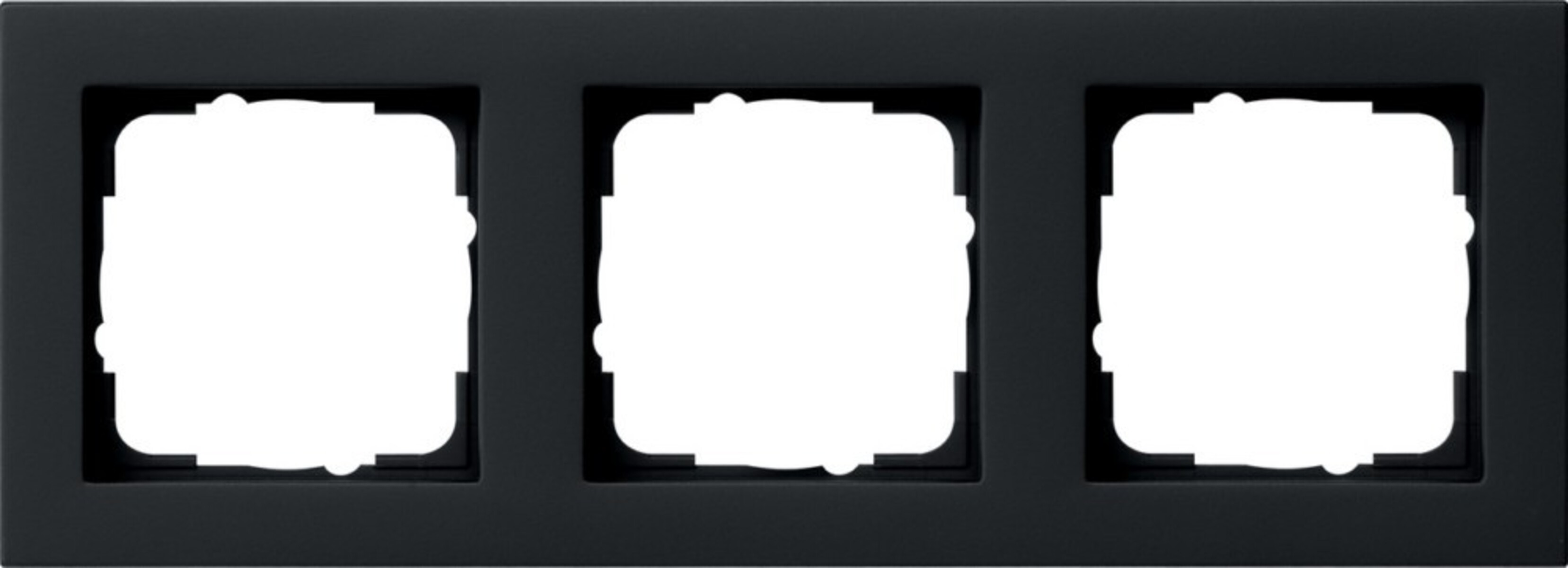 Una placca interruttori nera con tre aperture quadrate vuote. Anche il telaio è nero.
