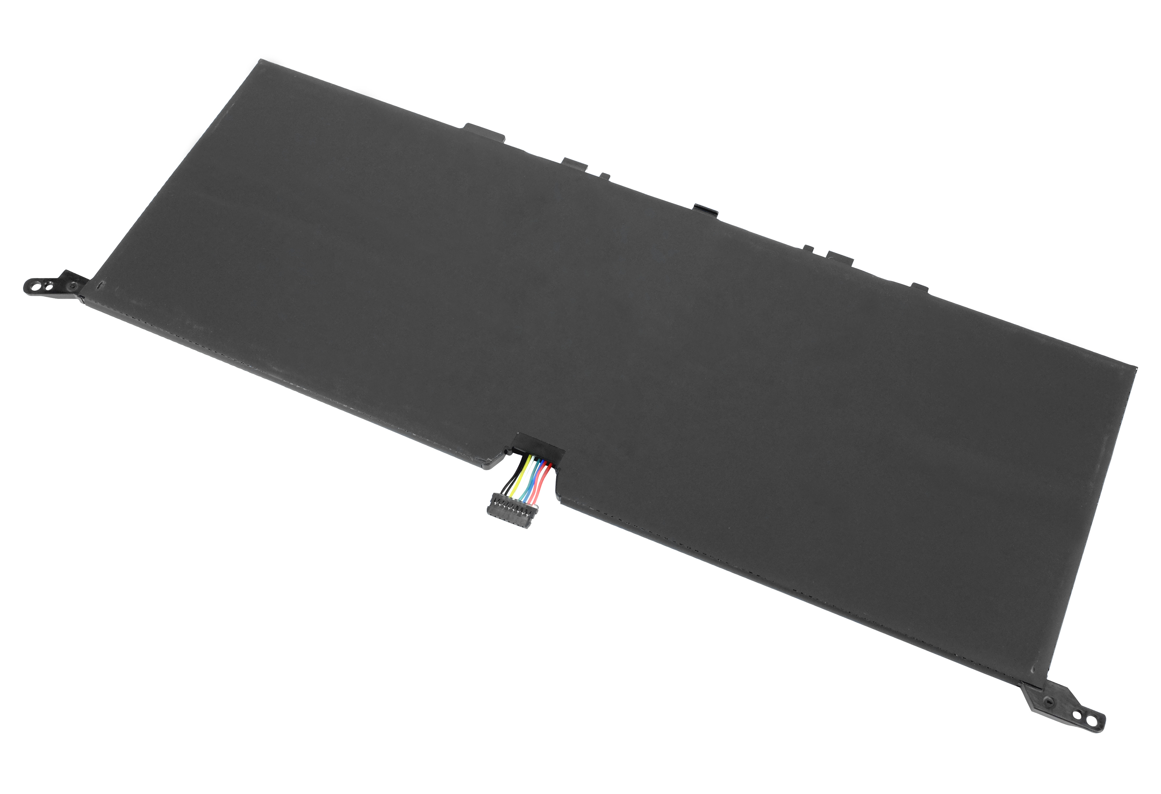 Ein rechteckiger schwarzer Laptop-Akku mit einem mehrfarbigen Stecker auf weißem Grund.