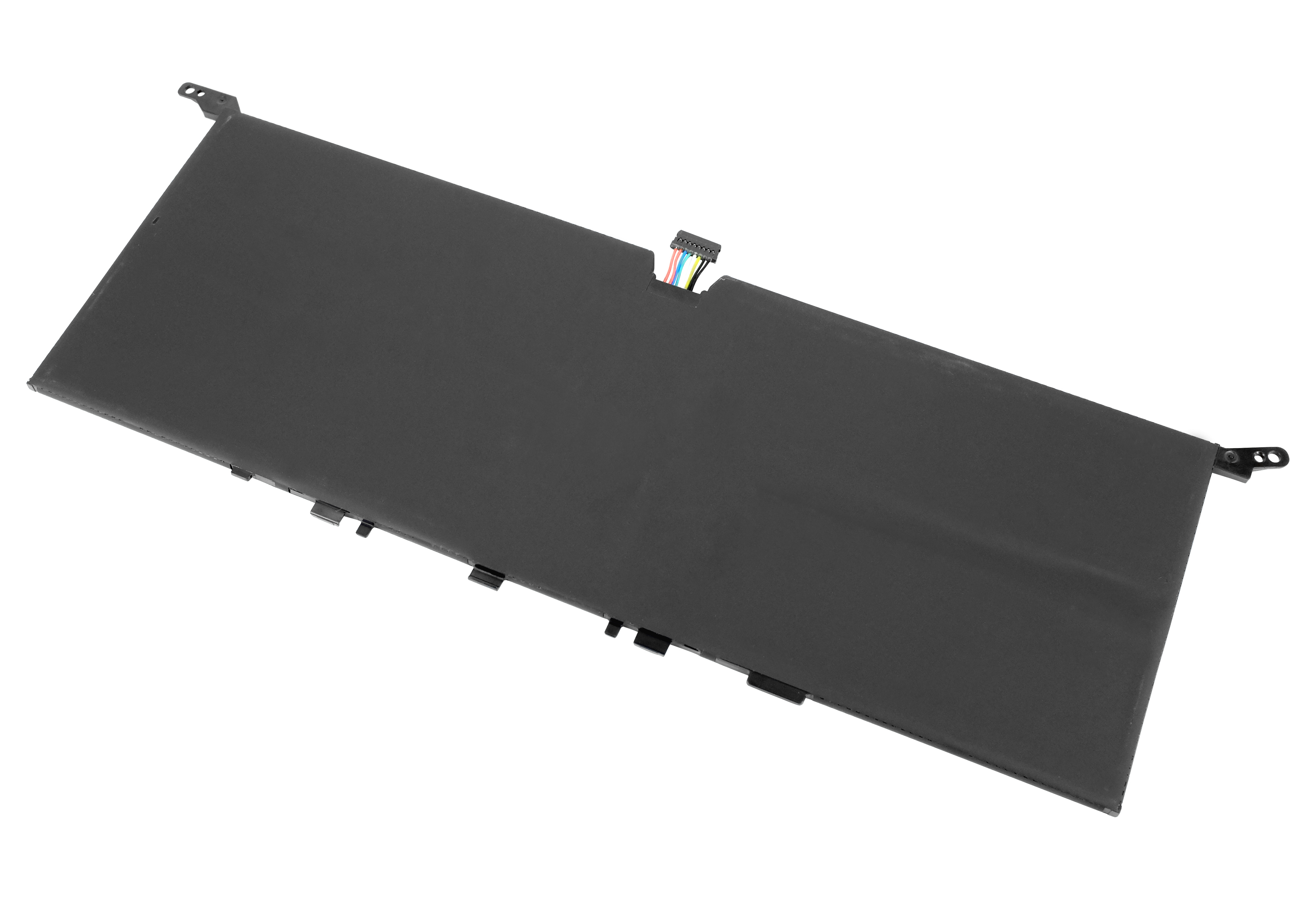Ein rechteckiger schwarzer Laptop-Akku. Er hat einen Stecker mit farbigen Drähten. An den Seiten befinden sich schwarze Metallhalterungen.