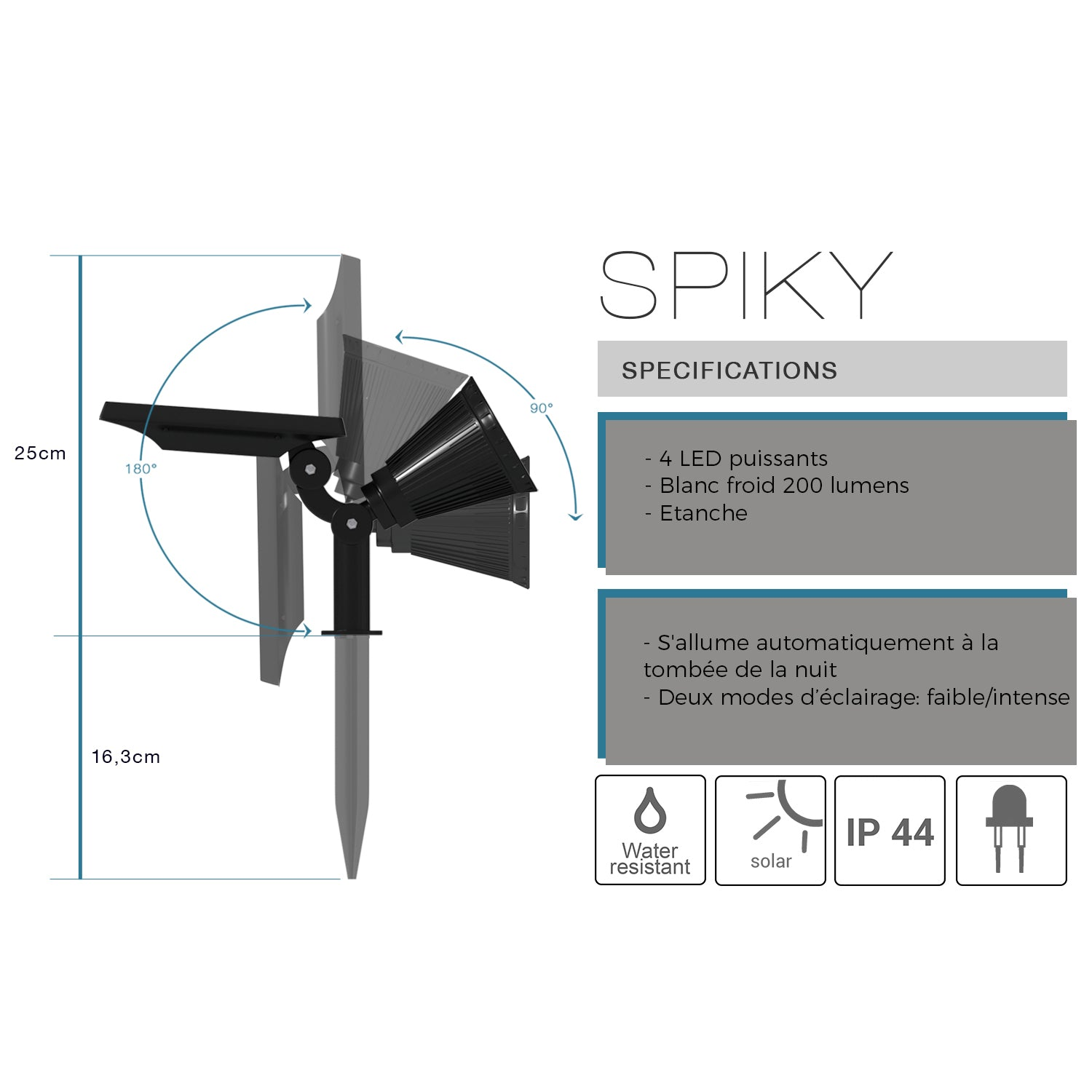 Ein schwarzes Solar-Gartenlicht mit der Bezeichnung 'SPIKY'. Merkmale sind 4 LEDs, kaltweißes Licht, Wasserdichtigkeit und zwei Lichtmodi.