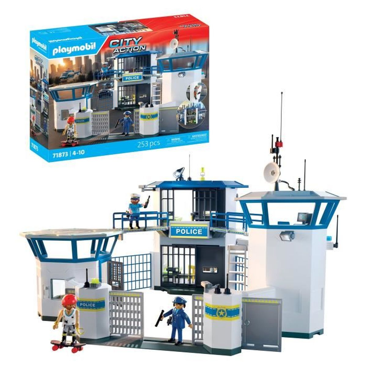 Un juego de estación de policía Playmobil City Action. Incluye figuras y accesorios. La caja muestra el set, con un skater en primer plano.