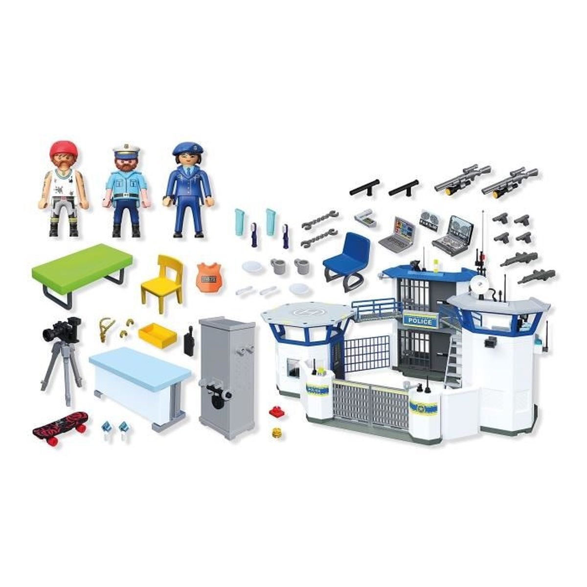 Un juego de juguetes de estación de policía con figuras, muebles y equipos. Incluye cárcel, torres de control, computadoras portátiles, armas y una patineta.