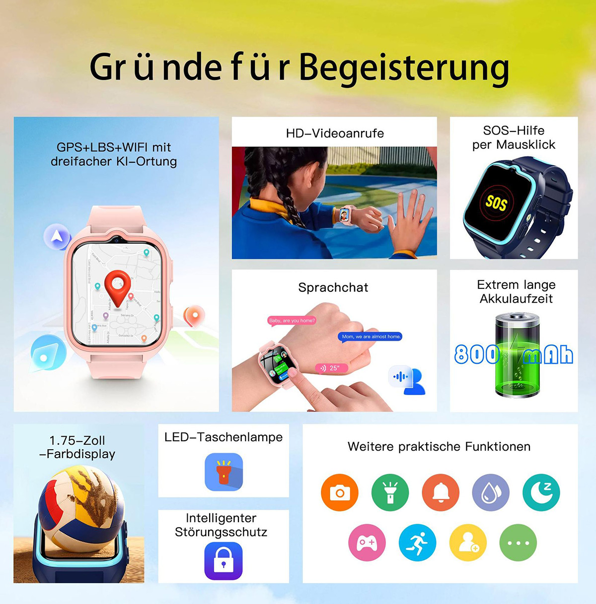 Werbung für eine rosa Smartwatch mit GPS, Videoanrufen, SOS und langer Akkulaufzeit.