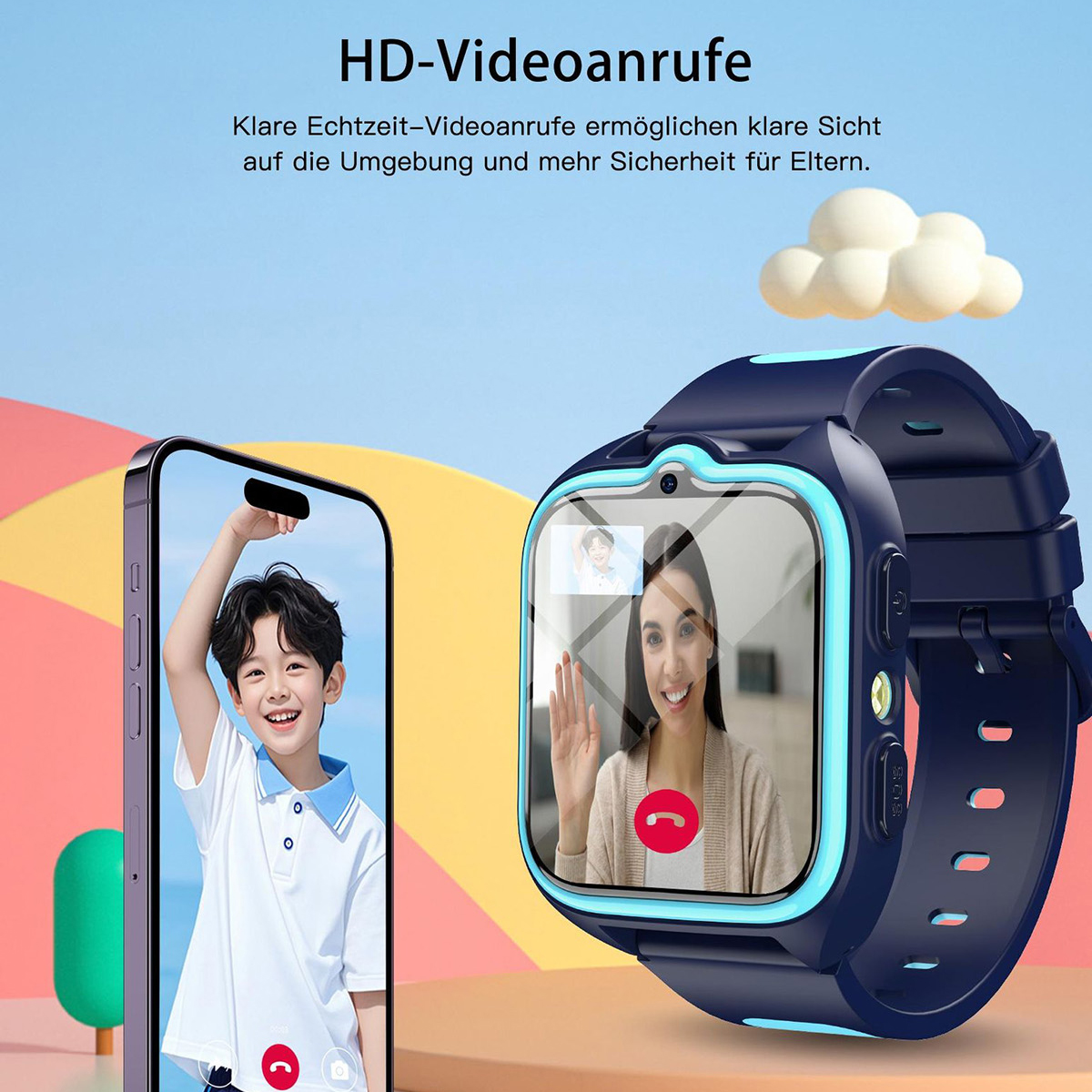 Smartwatch und Telefon zeigen Videoanrufe. Ein Kind lächelt auf dem Telefon, eine Frau winkt auf der Uhr. Wolkengrafik im Hintergrund.