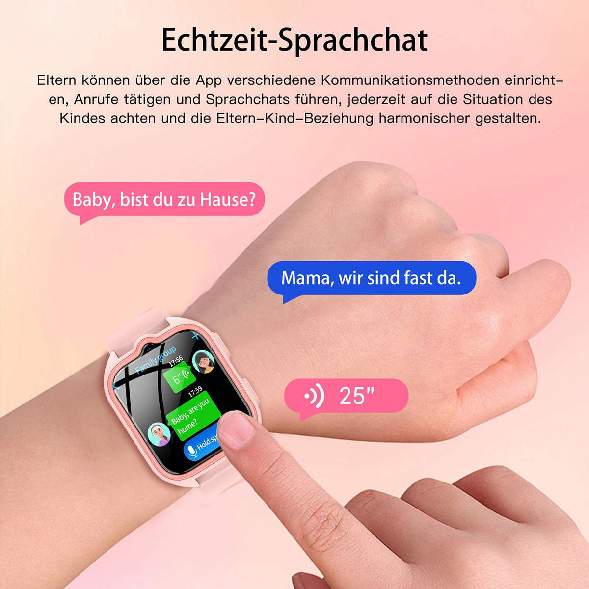 Hand mit Smartwatch. Sprechblasen fragen, ob das Baby zu Hause ist und dass sie fast da sind.