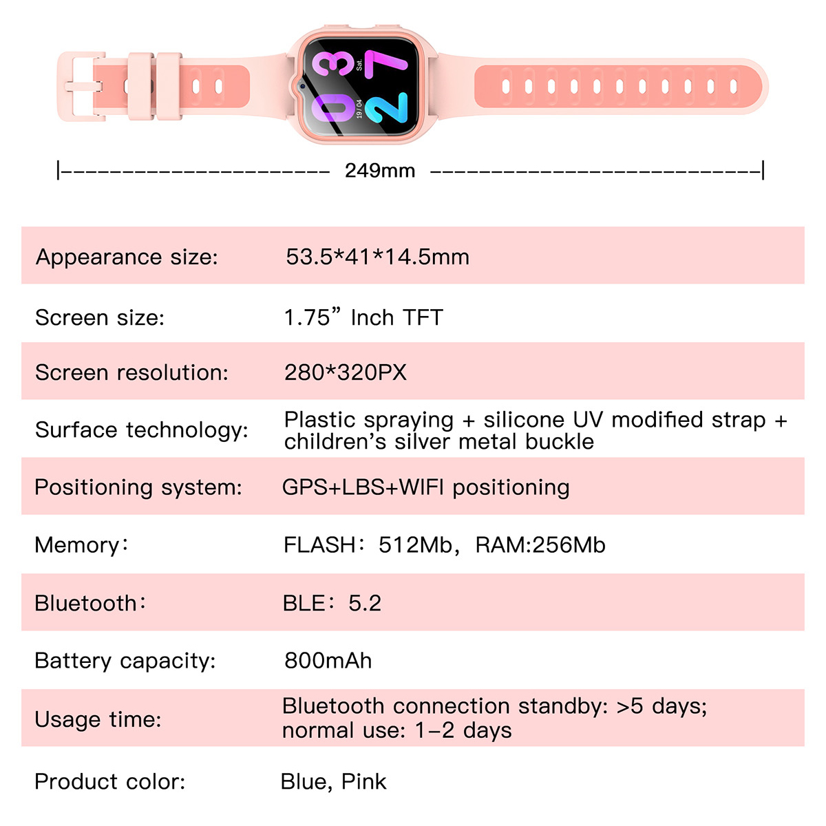 Rosa Smartwatch mit Armband, schwarzer Bildschirm zeigt die Uhrzeit an. Spezifikationen umfassen Größe, Bildschirmauflösung, Oberflächentechnologie und Akku.