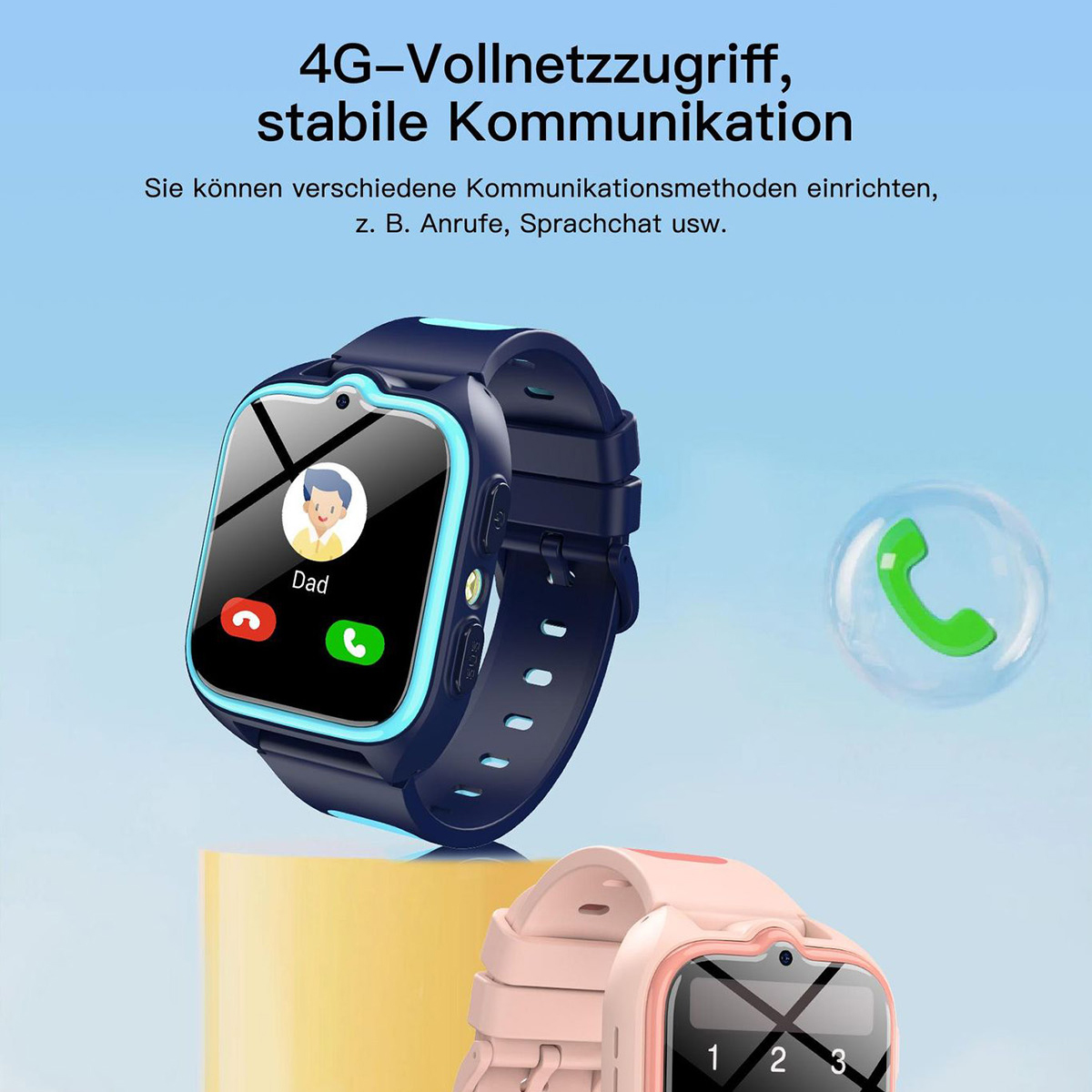 Eine Smartwatch zeigt einen Anrufbildschirm mit "Dad". Der Hintergrund hat eine Blase mit einem Telefonsymbol und eine andere Smartwatch.