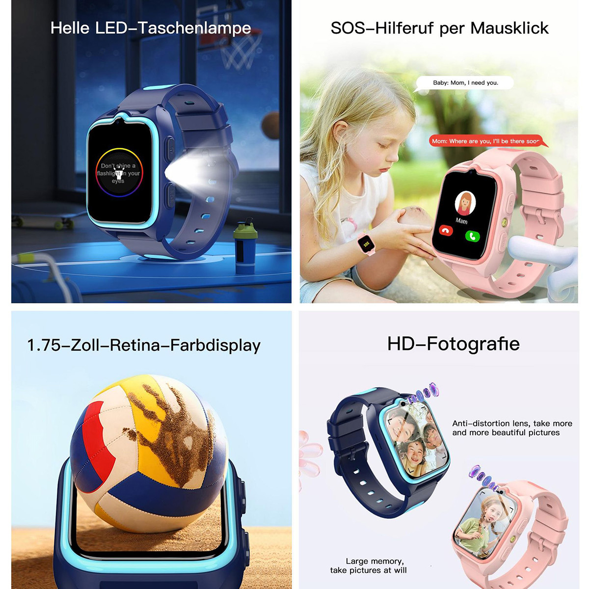 Werbung für eine Smartwatch. Sie zeigt eine blaue Uhr mit Taschenlampe, ein Mädchen mit einer rosa Uhr und einen Volleyball.
