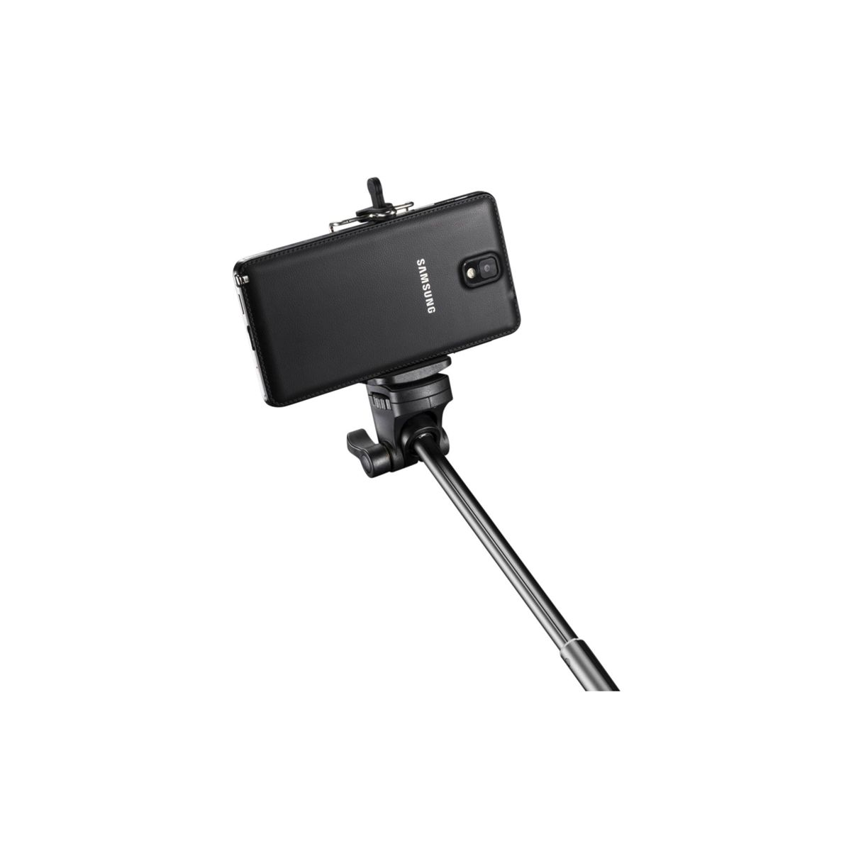 Ein schwarzes Smartphone ist auf einem Selfie-Stick montiert. Das Telefon ist ein Samsung. Der Hintergrund ist weiß.