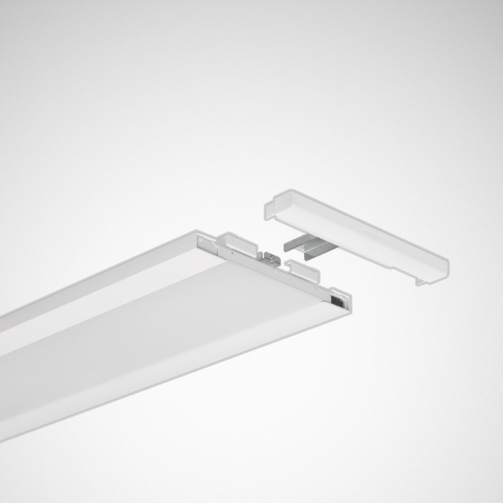 Un apparecchio di illuminazione a LED bianco con copertura staccata. L'apparecchio ha forma rettangolare ed è parzialmente assemblato.