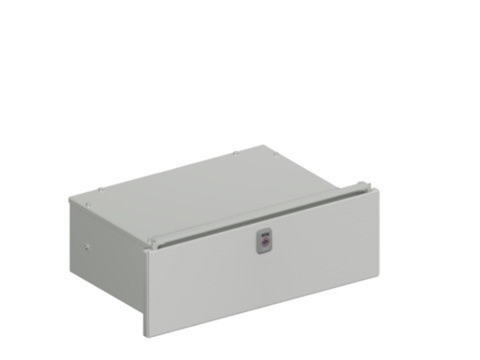 Un cassetto di metallo grigio con maniglia e piccola serratura. È su sfondo bianco.