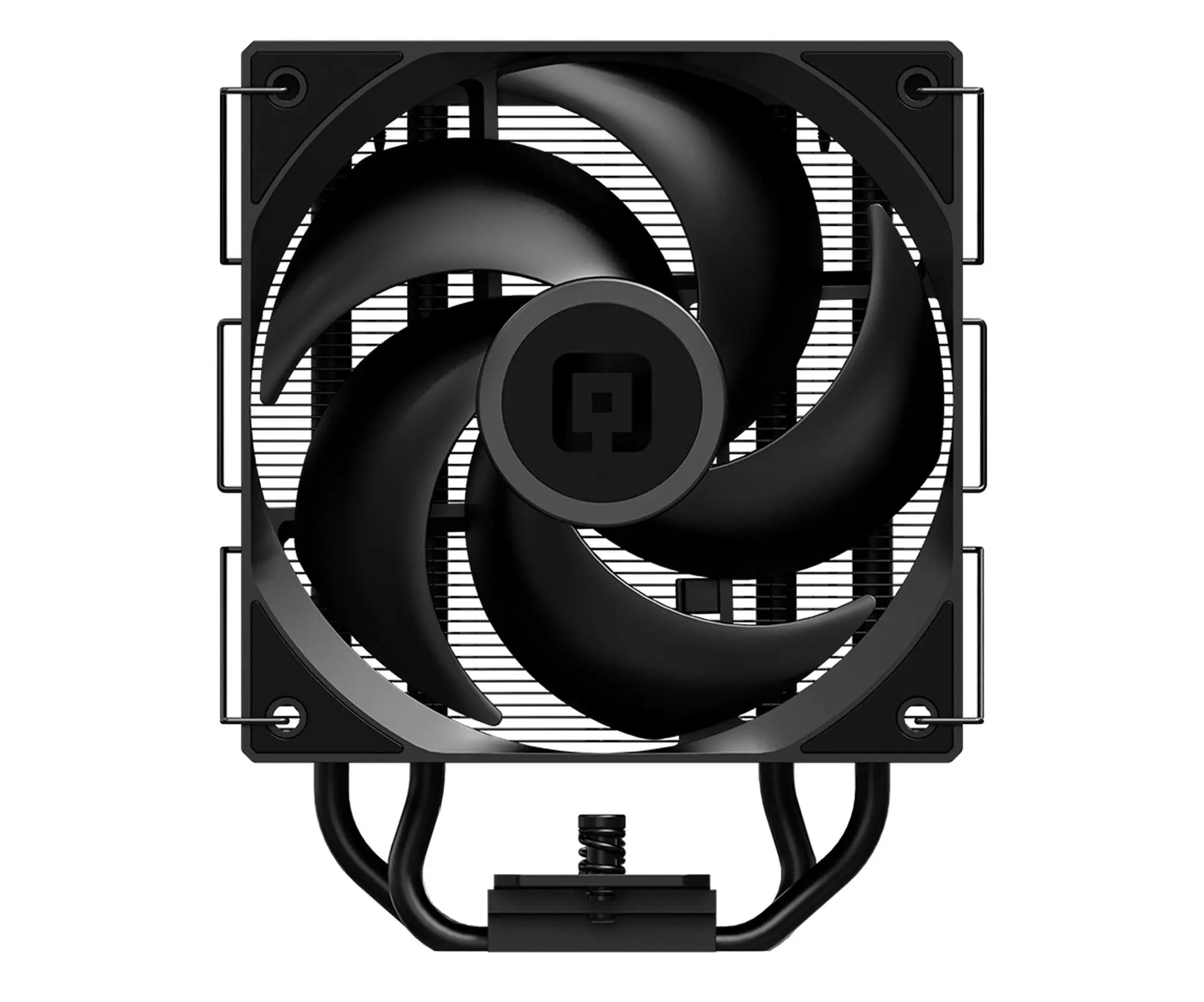 Ein schwarzer CPU-Lüfter mit gebogenen Blättern und einem zentralen Logo auf weißem Hintergrund.