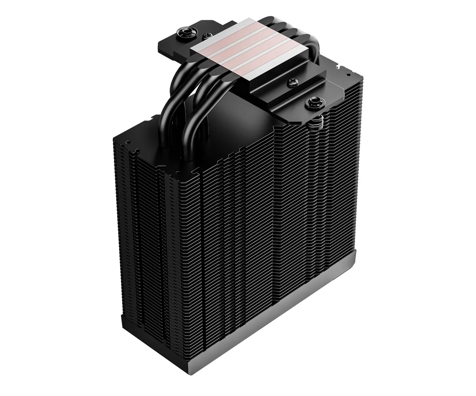 Ein schwarzer CPU-Kühler mit mehreren Lamellen. Er hat Heatpipes und eine obere Platte mit pink-weißem Design.