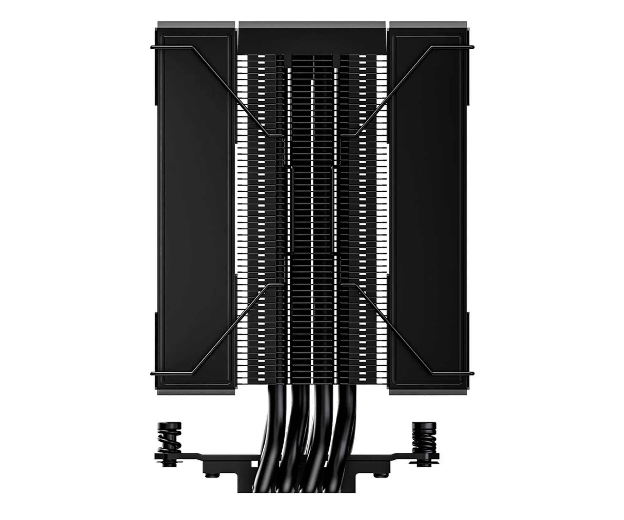 Ein schwarzer CPU-Kühler mit mehreren vertikalen Lamellen und Verbindungsschläuchen auf weißem Hintergrund.