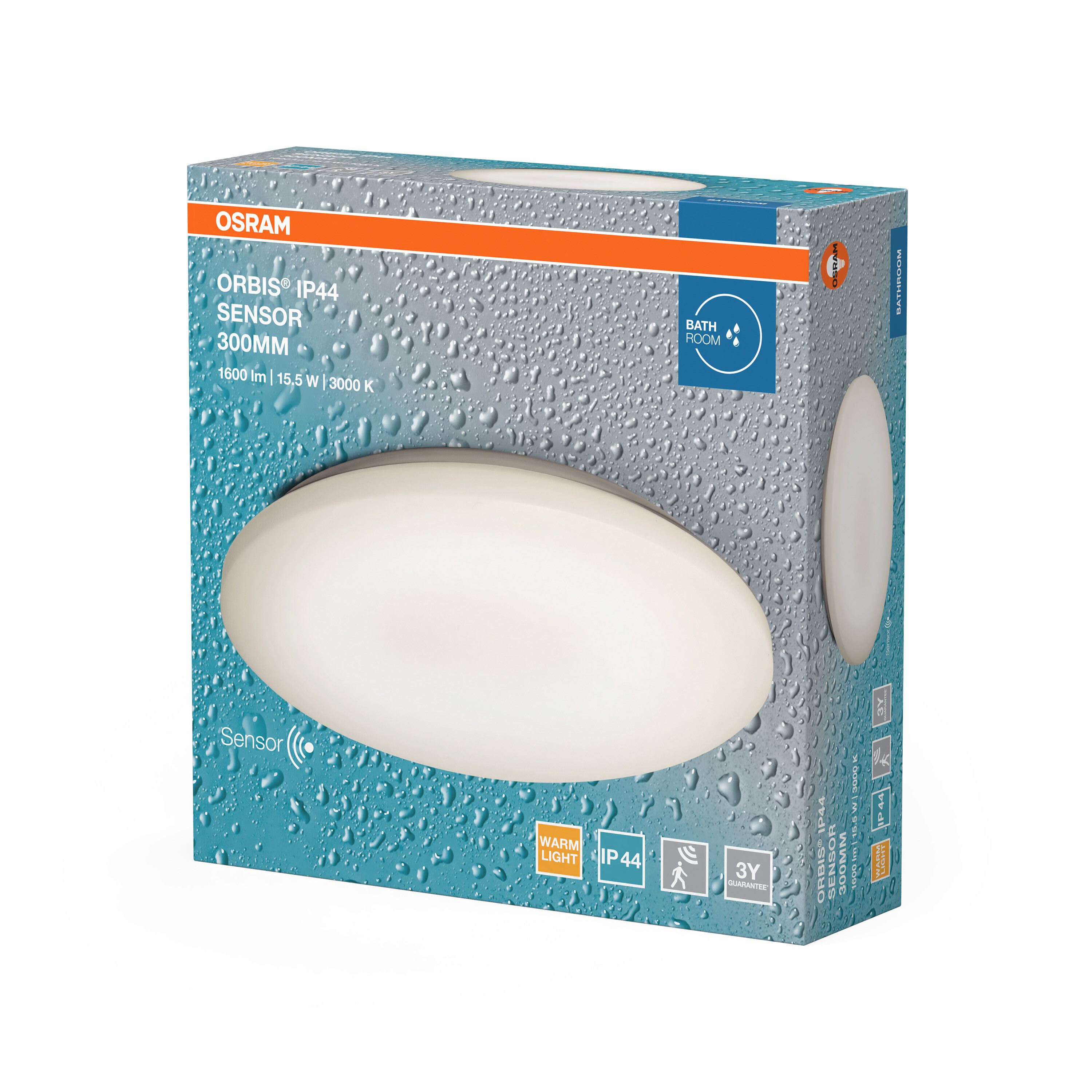 Eine Schachtel mit einem OSRAM ORBIS IP44 Sensorlicht mit einem weißen, oval geformten Licht.