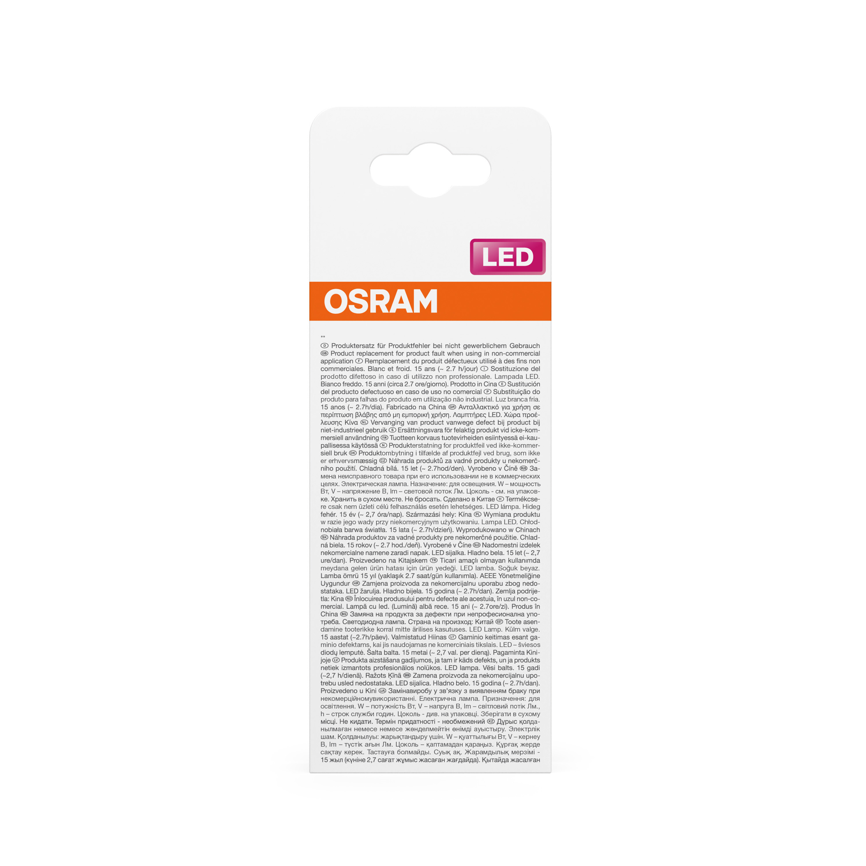 Eine weiß-orange Produktverpackung mit Text und den Logos OSRAM und LED.