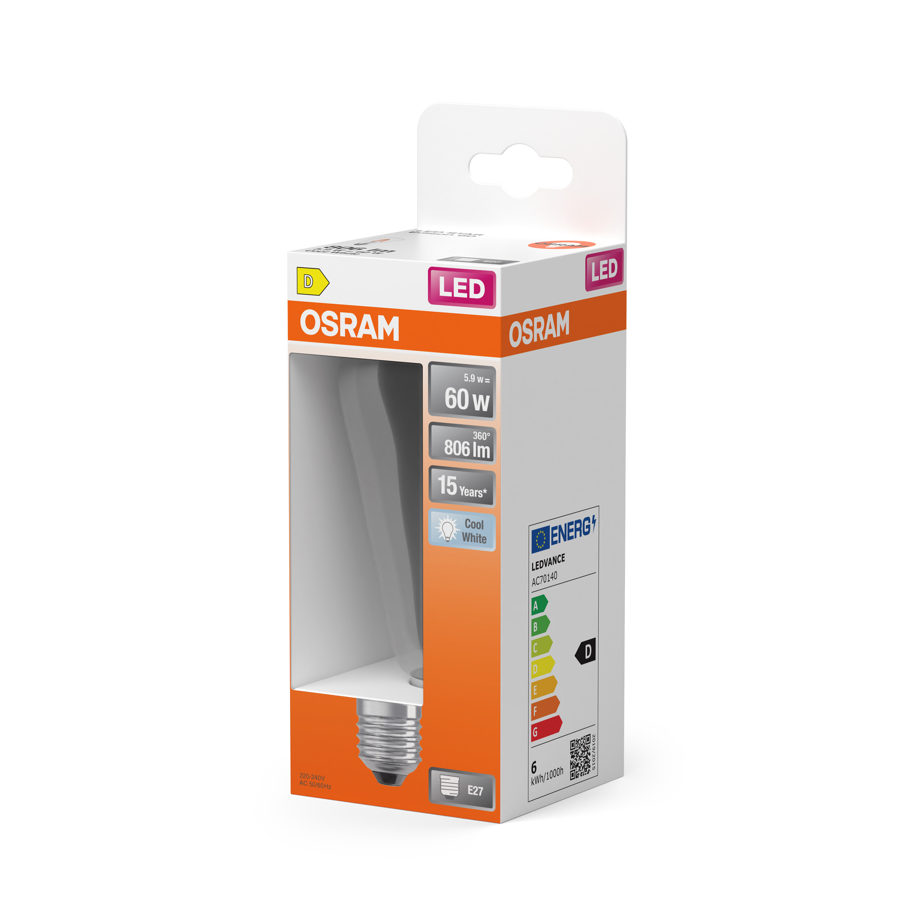 Eine Schachtel mit OSRAM LED-Glühbirne. Weiße Glühbirne im Inneren. Orange und weiße Verpackung. Energieeffizienzklasse D.