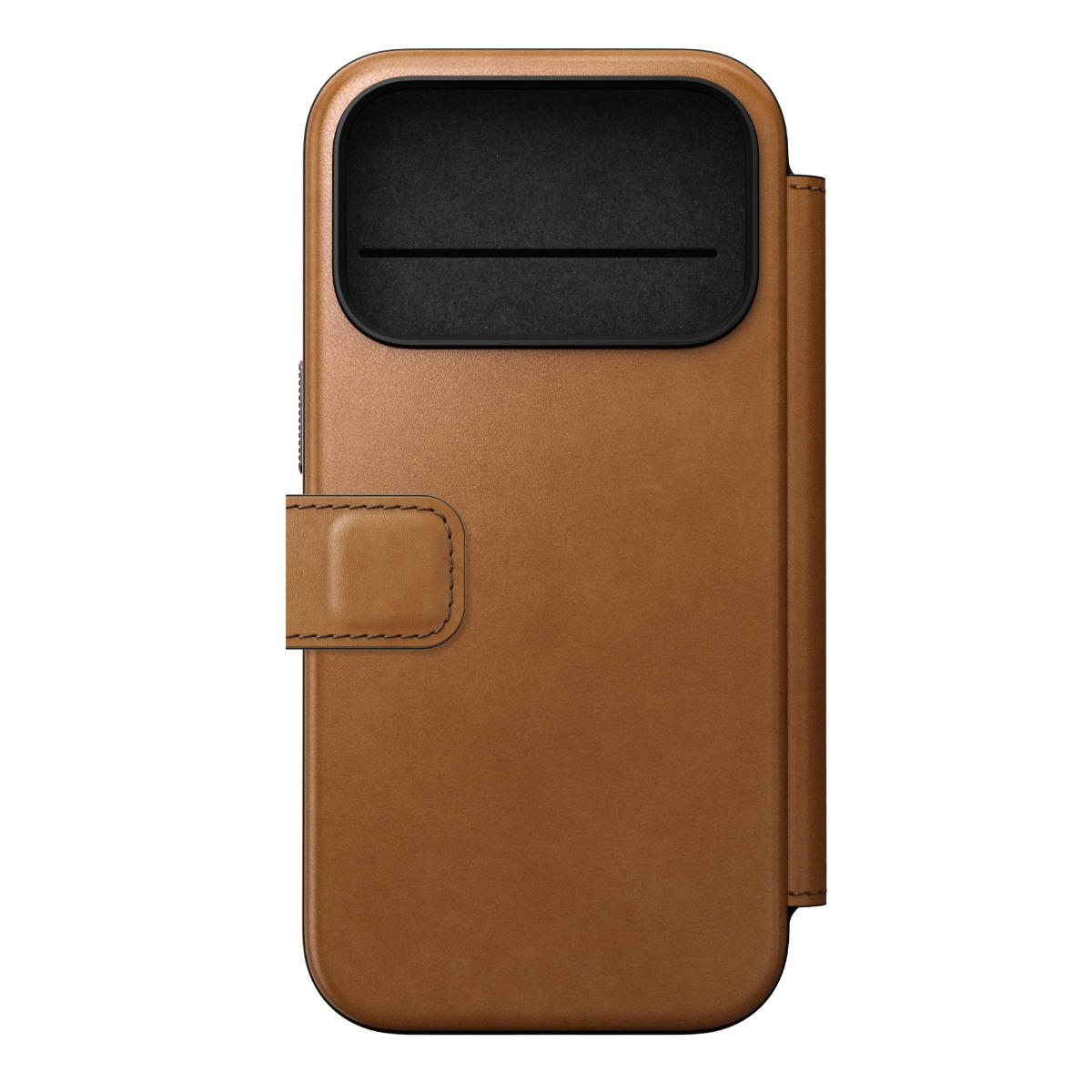 Una custodia per telefono in pelle marrone con intaglio nero per la fotocamera e chiusura magnetica. La custodia è chiusa.