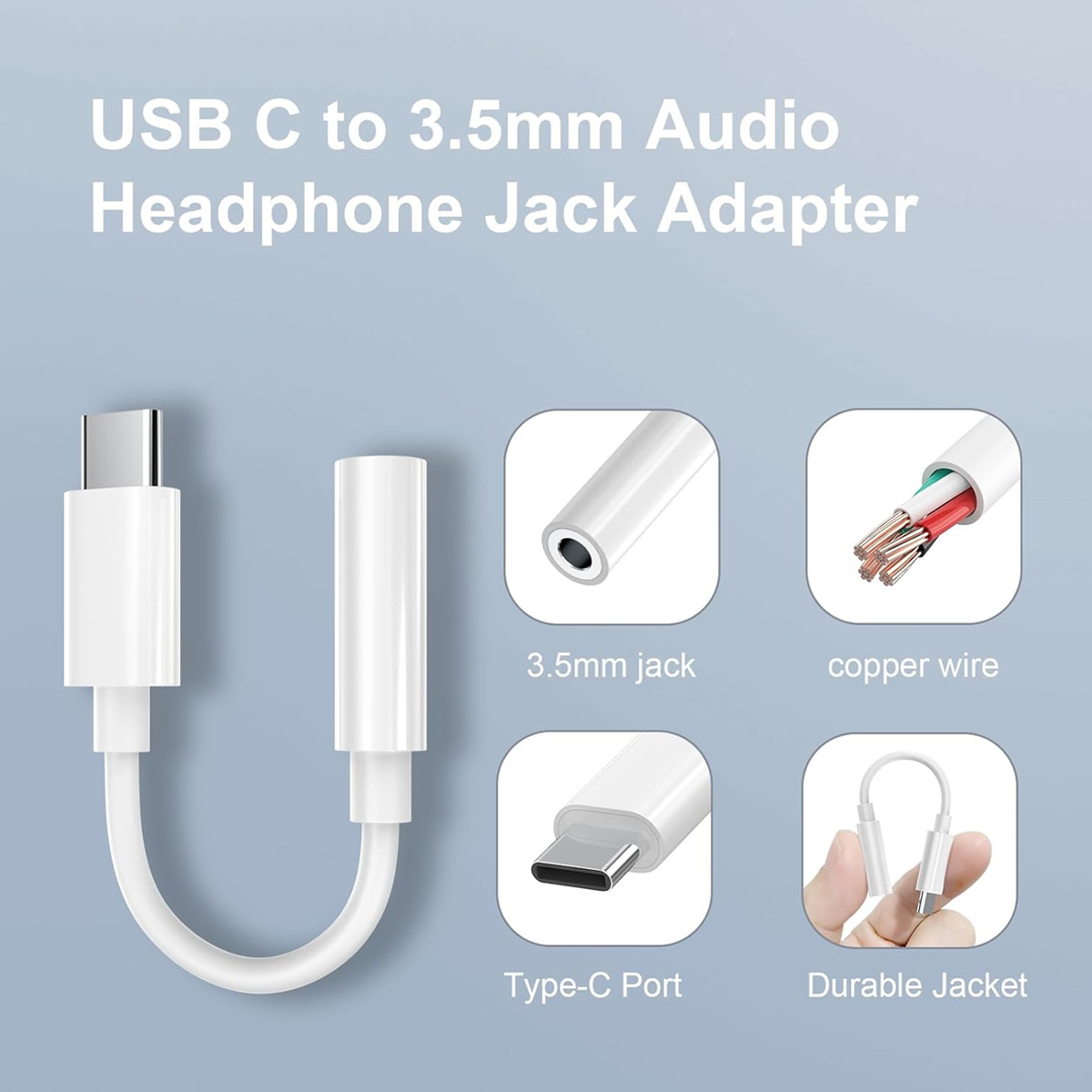 Das Bild zeigt einen weißen USB-C-auf-3,5-mm-Audio-Kopfhöreranschlussadapter. Enthält Nahaufnahmen von Buchse, Draht, Anschluss und einer robusten Ummantelung.