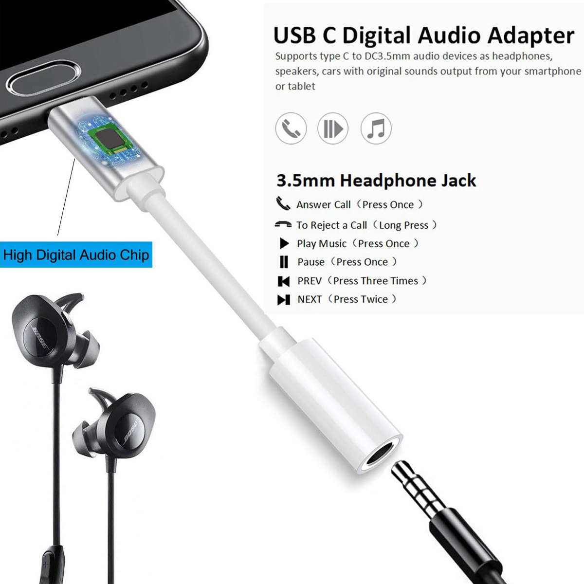 USB-C-Digital-Audio-Adapter mit 3,5-mm-Kopfhöreranschluss. Enthält Kopfhörer und ein Smartphone.