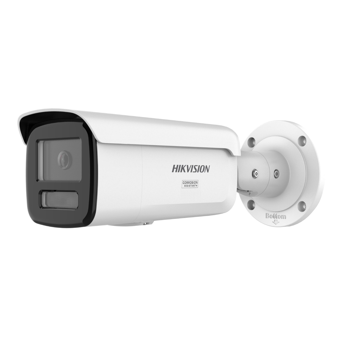 Una telecamera di sicurezza Hikvision bianca, montata su una superficie bianca. Ha un fronte nero e la parola 'Bottom' è visibile.