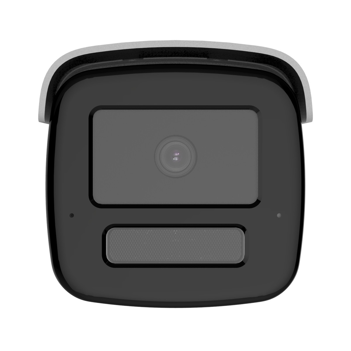 Primo piano di una telecamera di sicurezza con corpo nero, finiture grigie e lente. La telecamera è su sfondo bianco.