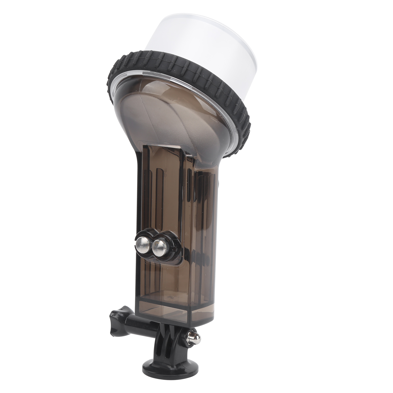 Ein klares und schwarzes Unterwasser-Kameragehäuse. Es hat zwei silberne Knöpfe und eine schwarze Montagebasis.