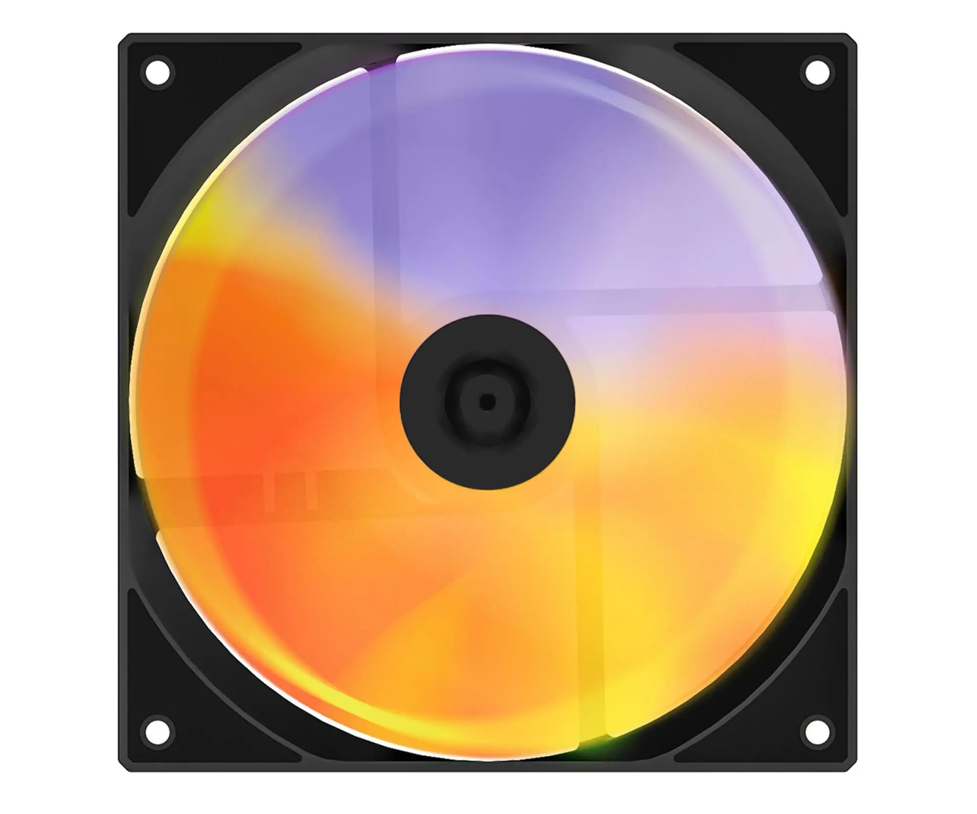 Ein Computerlüfter mit schwarzem Rahmen und farbigem Lüfterblatt, das Orange, Gelb und Lila mischt.