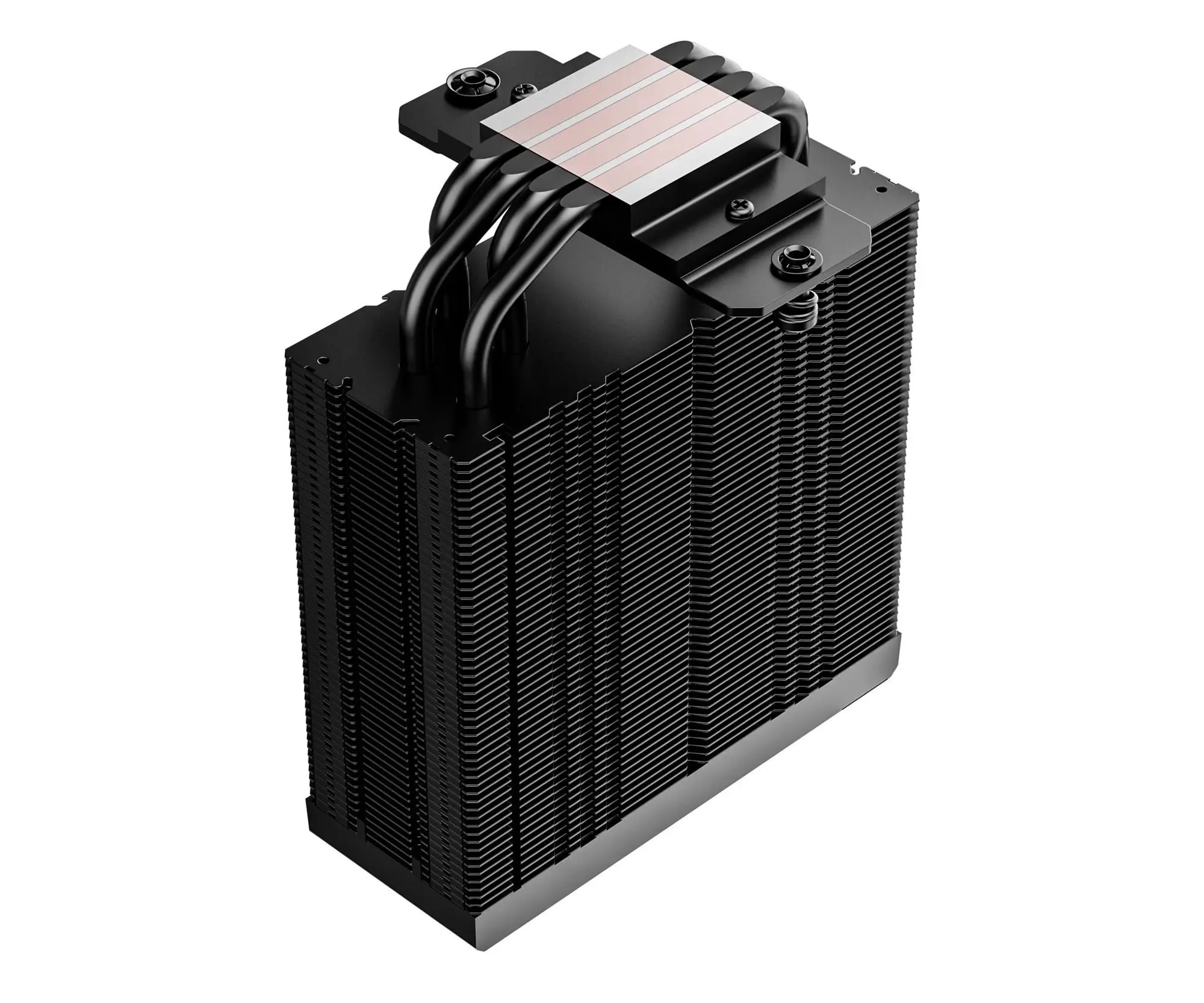 Schwarzer CPU-Kühler mit Heatpipes und Lamellen. Er hat ein quadratisches Design mit weißem und rosa Oberteil.