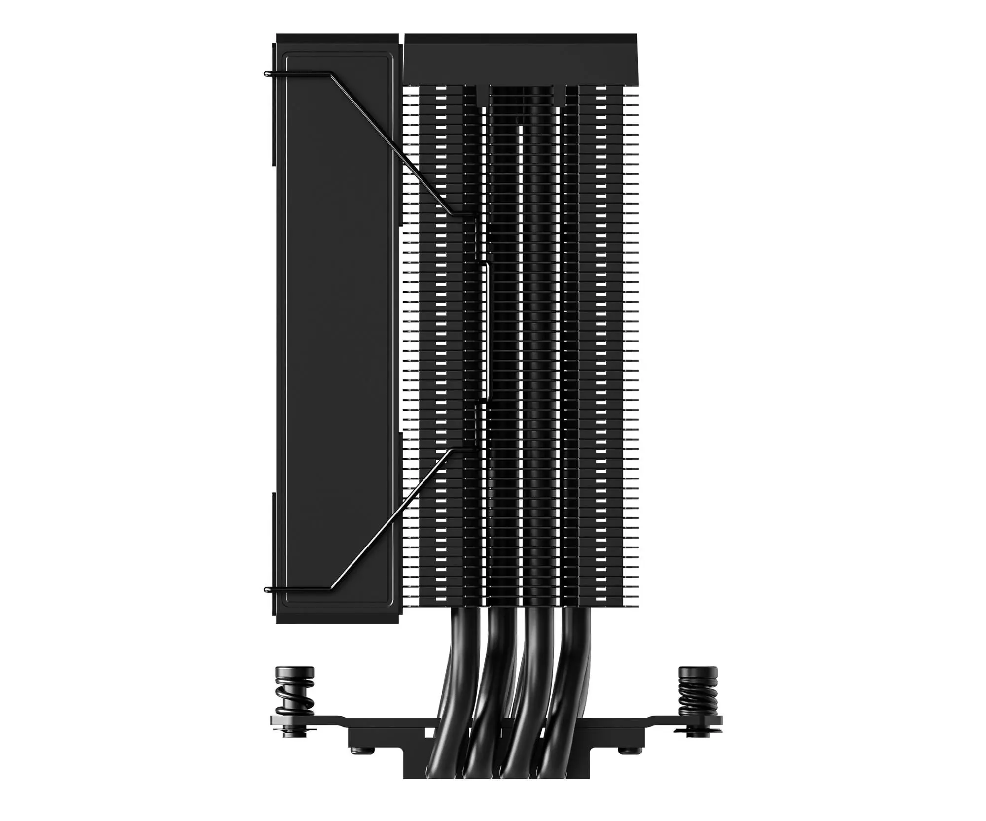 Ein schwarzer CPU-Kühler mit Heatpipes und Lamellen. Federn und Montagehalterungen befinden sich unten.
