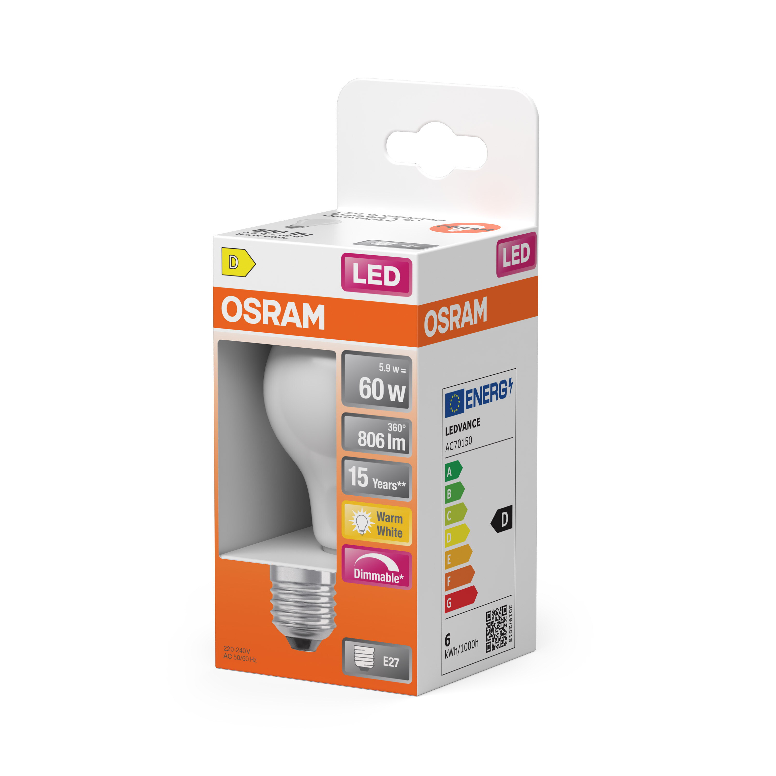 Una lampadina LED Osram nella sua confezione. La confezione mostra la lampadina, il marchio e i dettagli energetici.