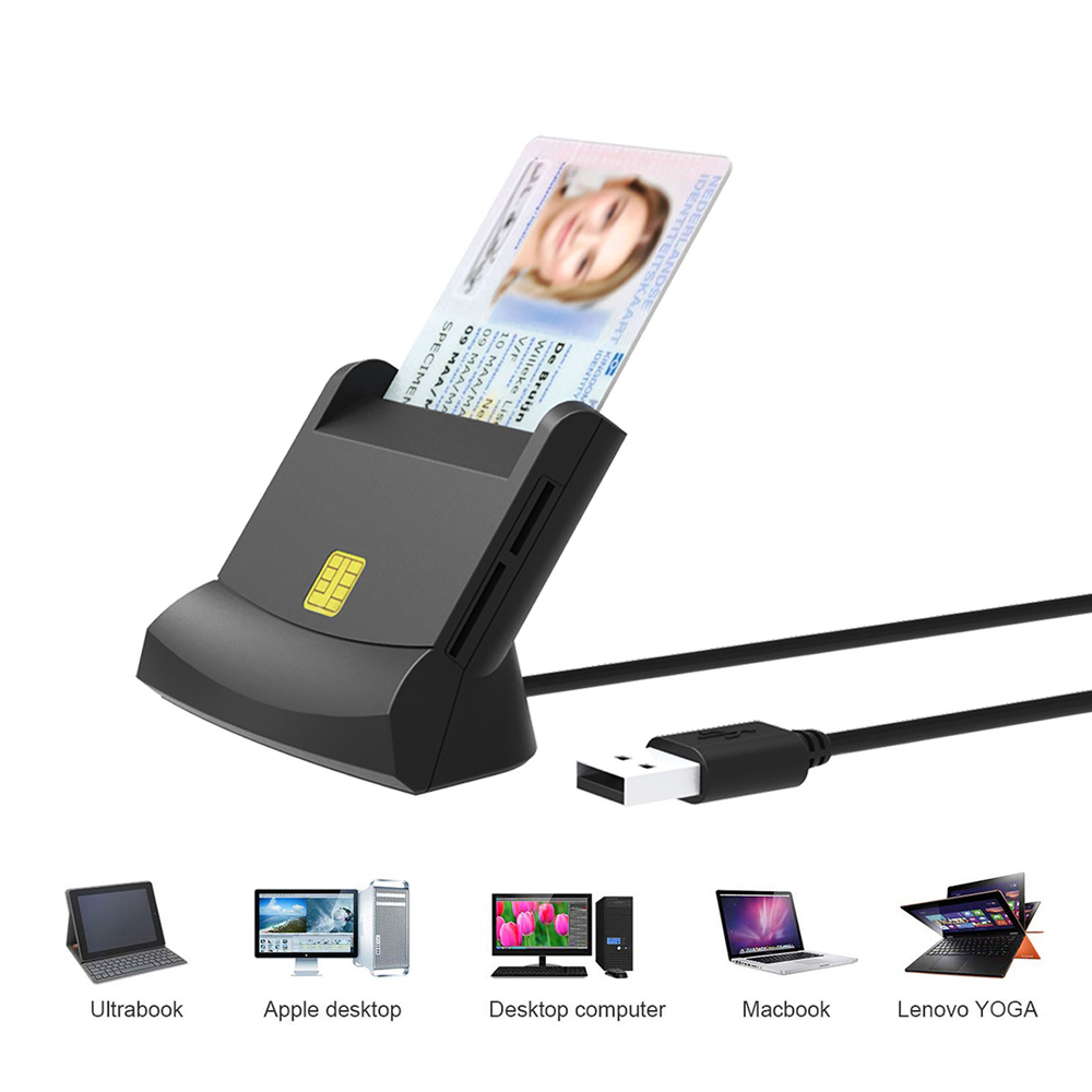 Ein Kartenleser mit eingelegtem Ausweis. Ein USB-Kabel ist angeschlossen. Laptops und Desktops werden unten angezeigt.