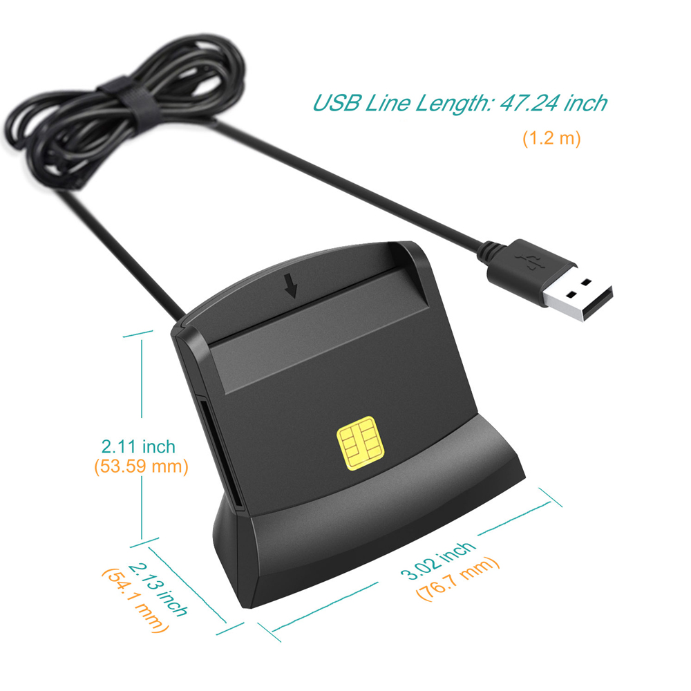 Ein schwarzes SIM-Kartenlesegerät mit USB-Kabel. Abmessungen und Maße sind angegeben. Auf dem Lesegerät befindet sich ein gelbes SIM-Kartensymbol.