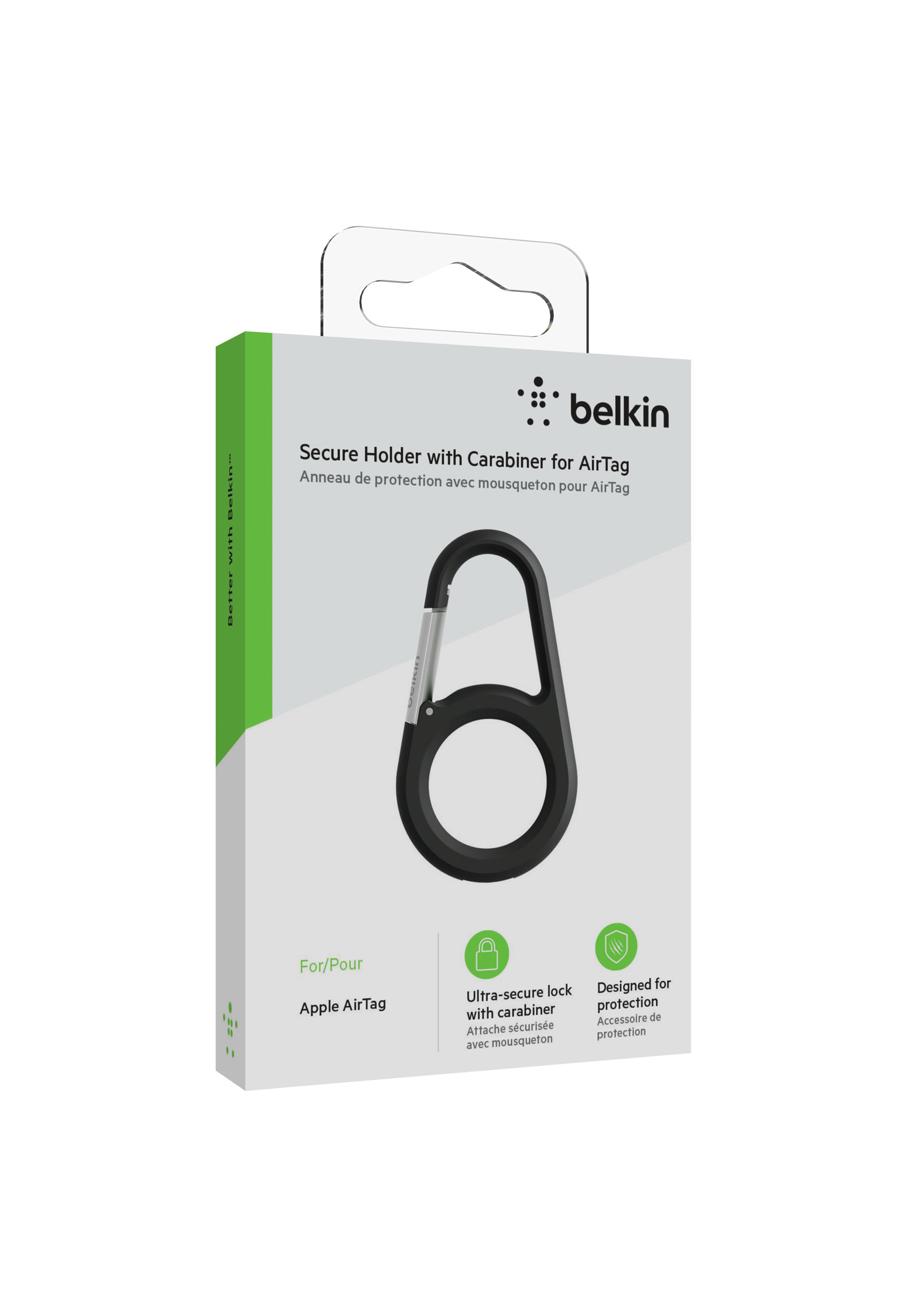 Una scatola porta AirTag Belkin. Mostra un supporto nero a moschettone. Il testo dice 'Secure Holder with Carabiner for AirTag'.