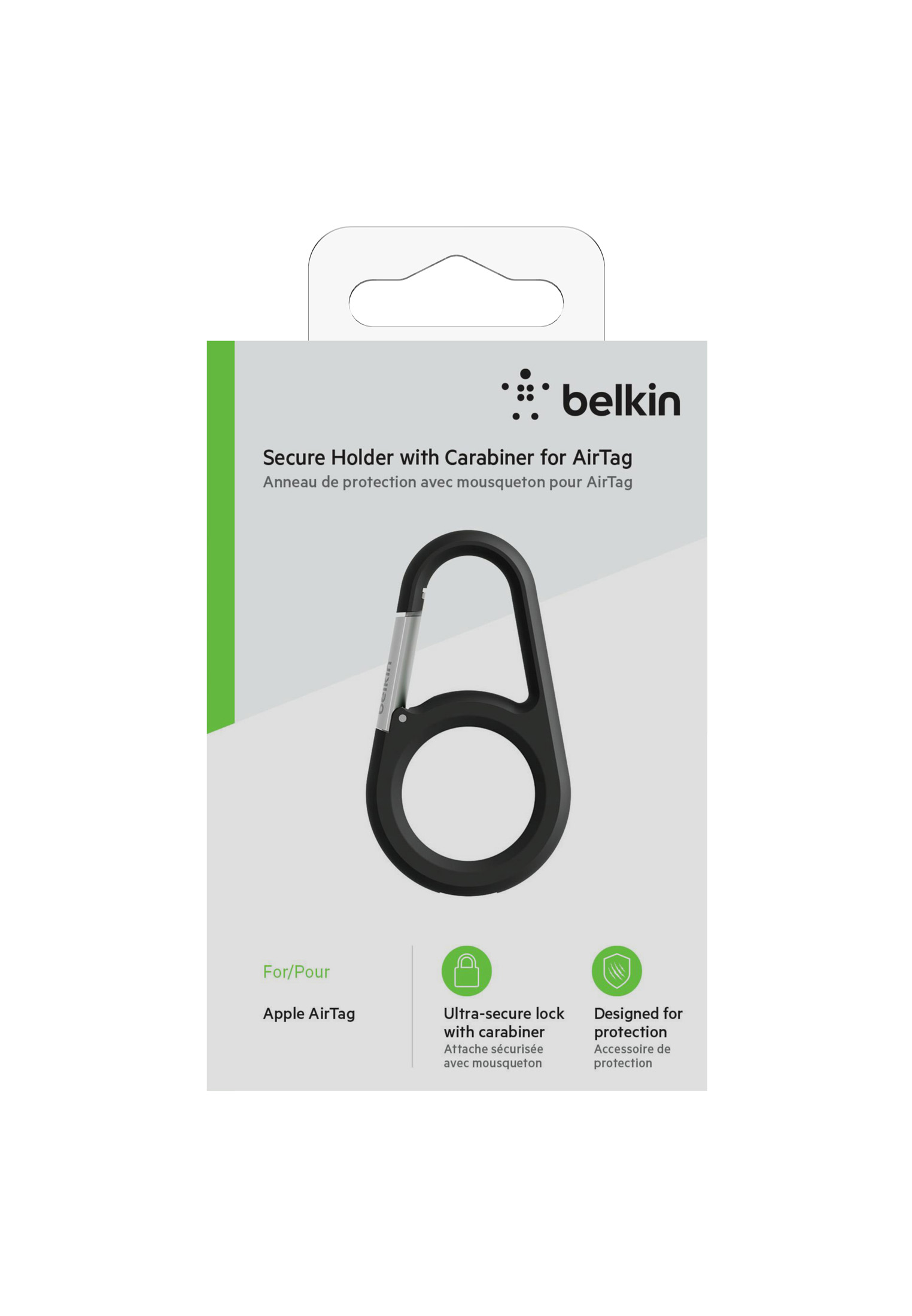 Un pacchetto Belkin mostra un moschettone nero per AirTag. Ha una chiusura sicura ed è progettato per la protezione.